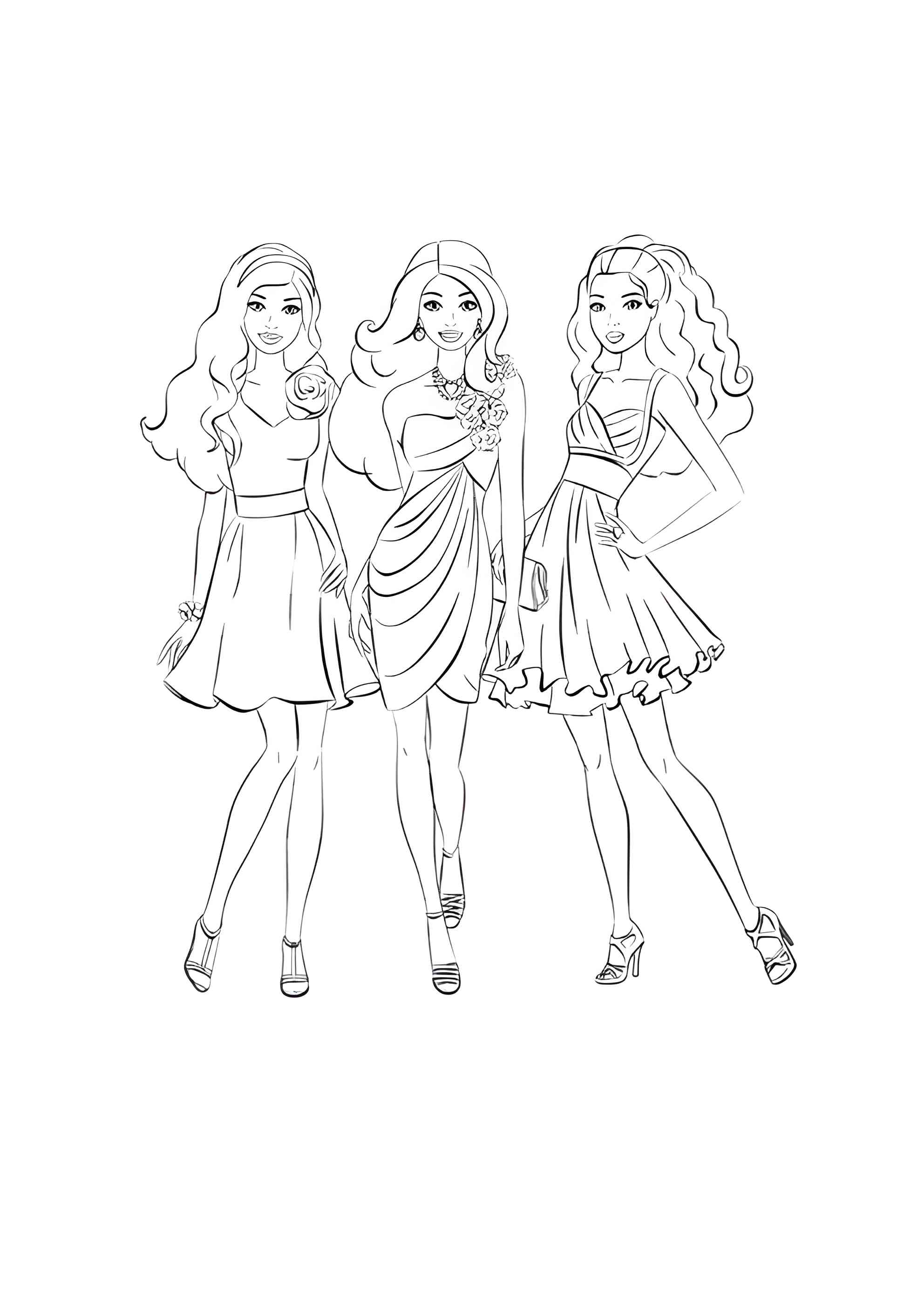 Раскраска Подружки Барби в нарядных платьях