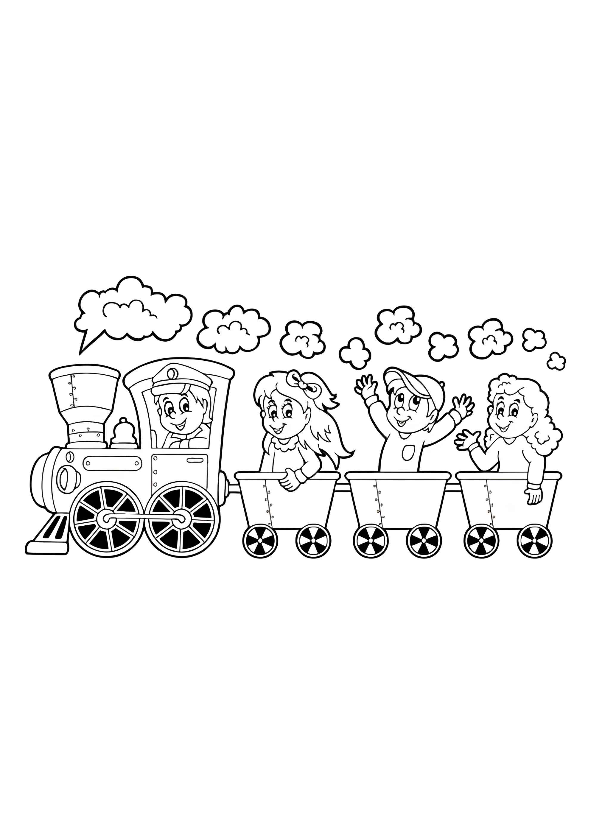 Раскраска Поезд с весёлыми детьми