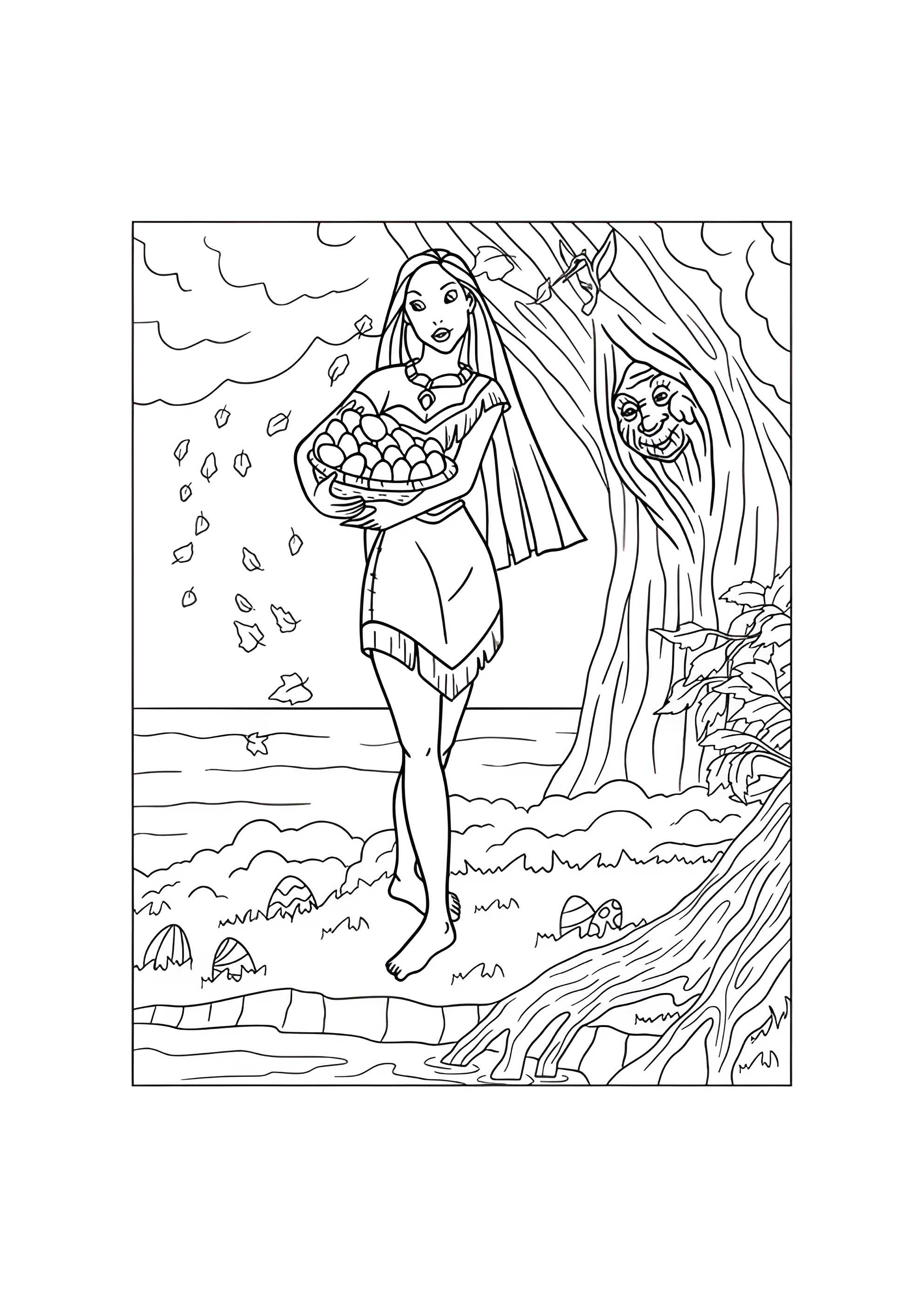 Раскраска Покахонтас с корзиной пасхальных яиц