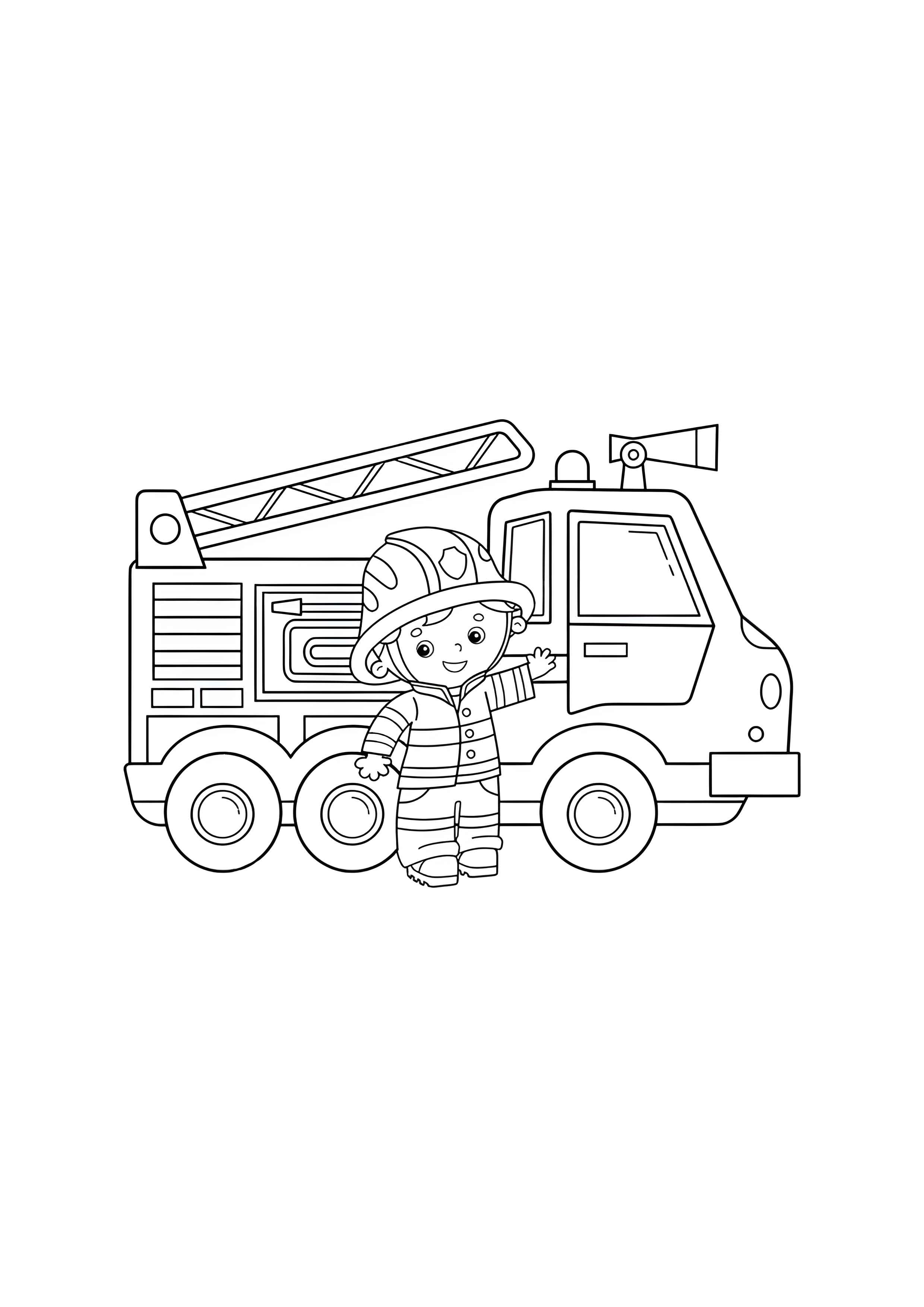 Раскраска Пожарный рядом с машиной