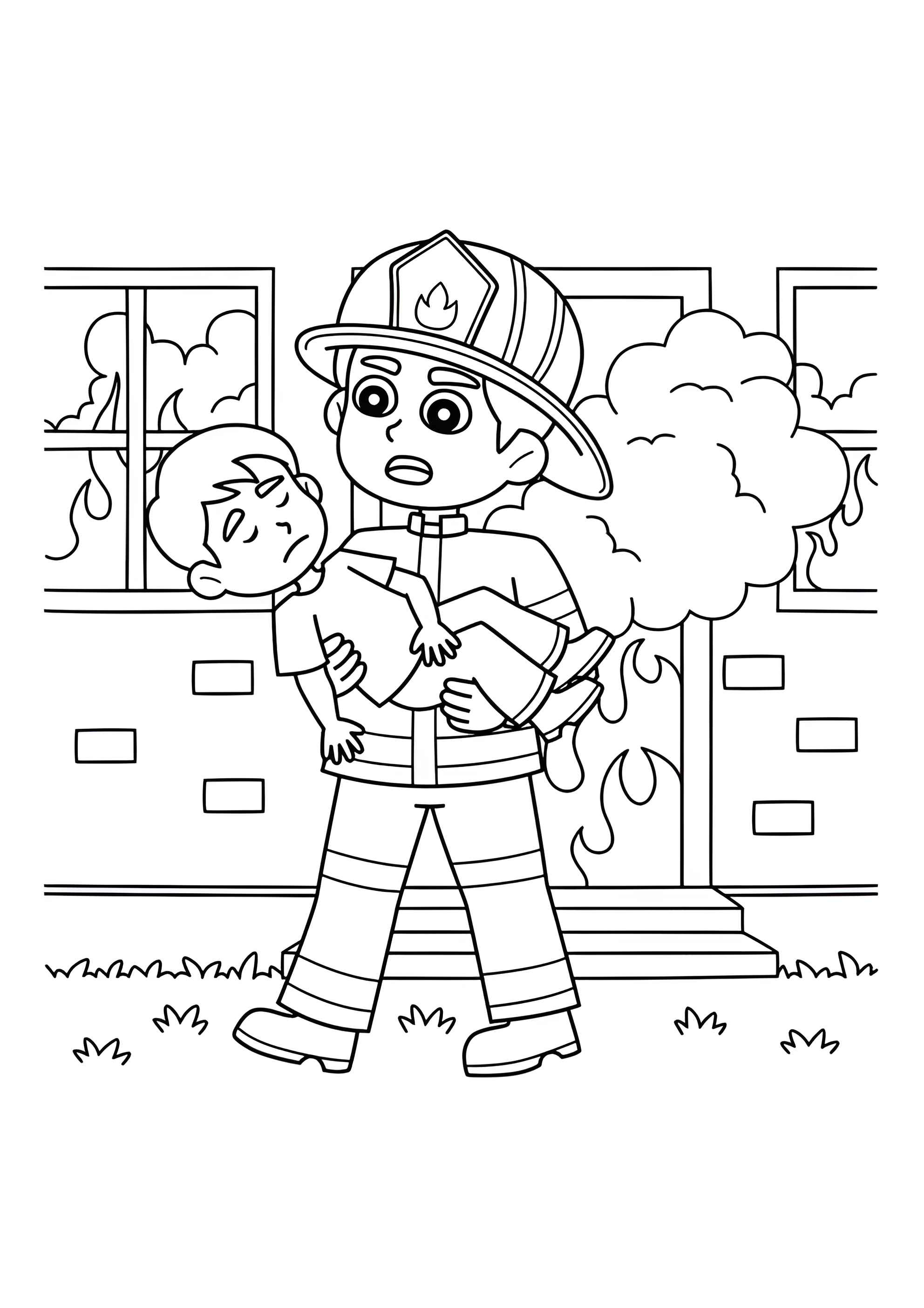 Раскраска Пожарный спасает ребёнка
