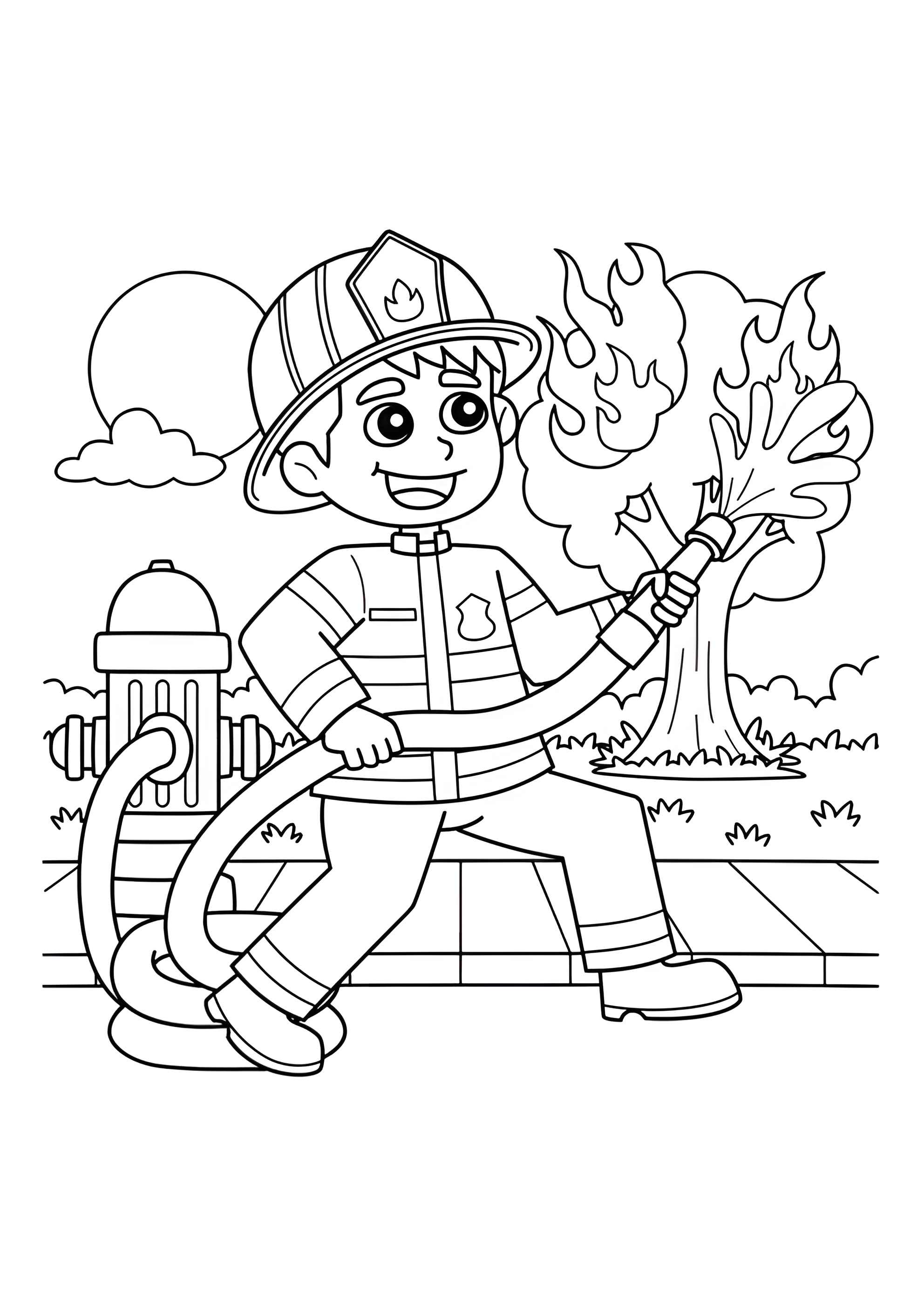 Раскраска Пожарный тушит дерево