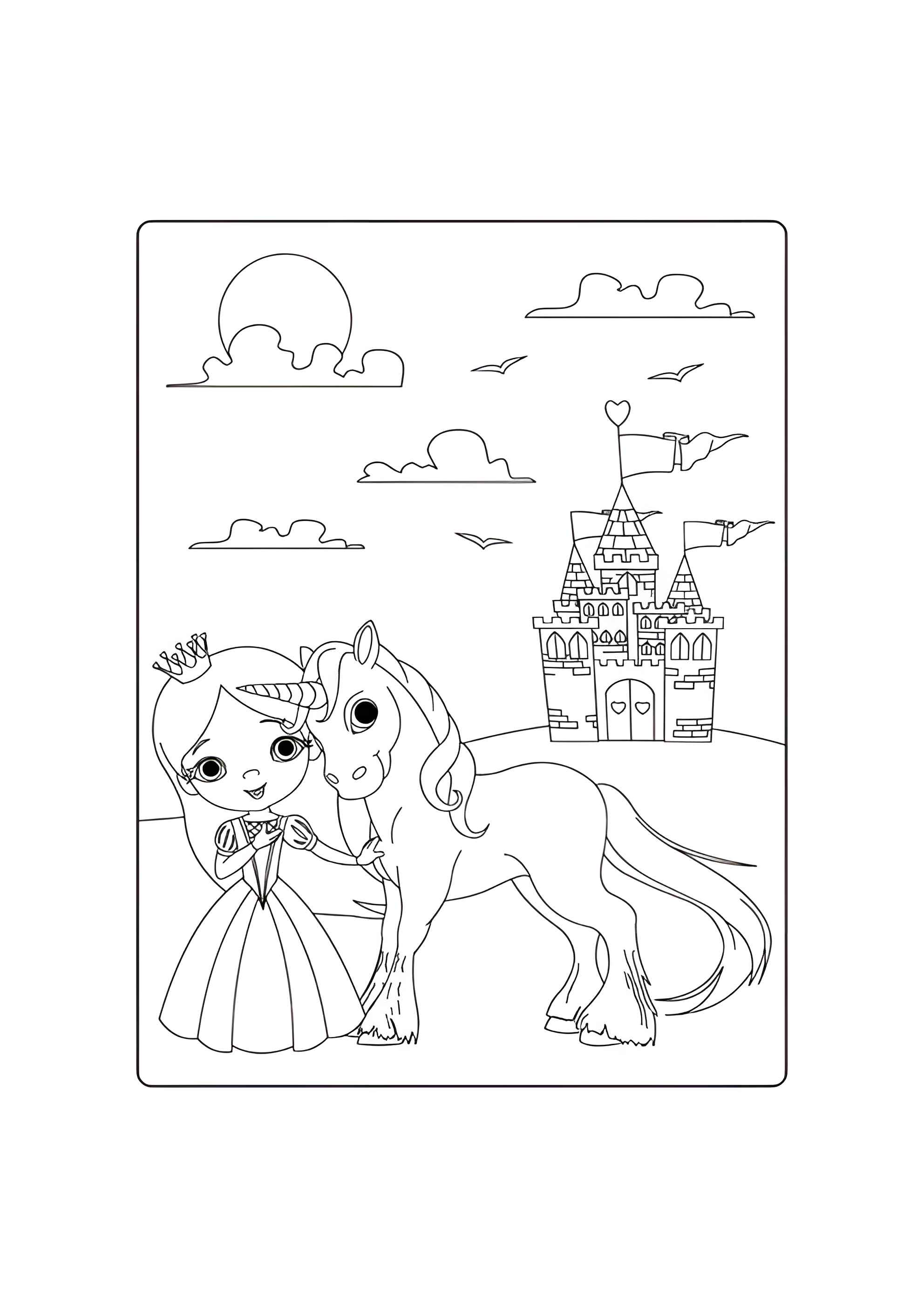 Раскраска Принцесса, единорог и дворец