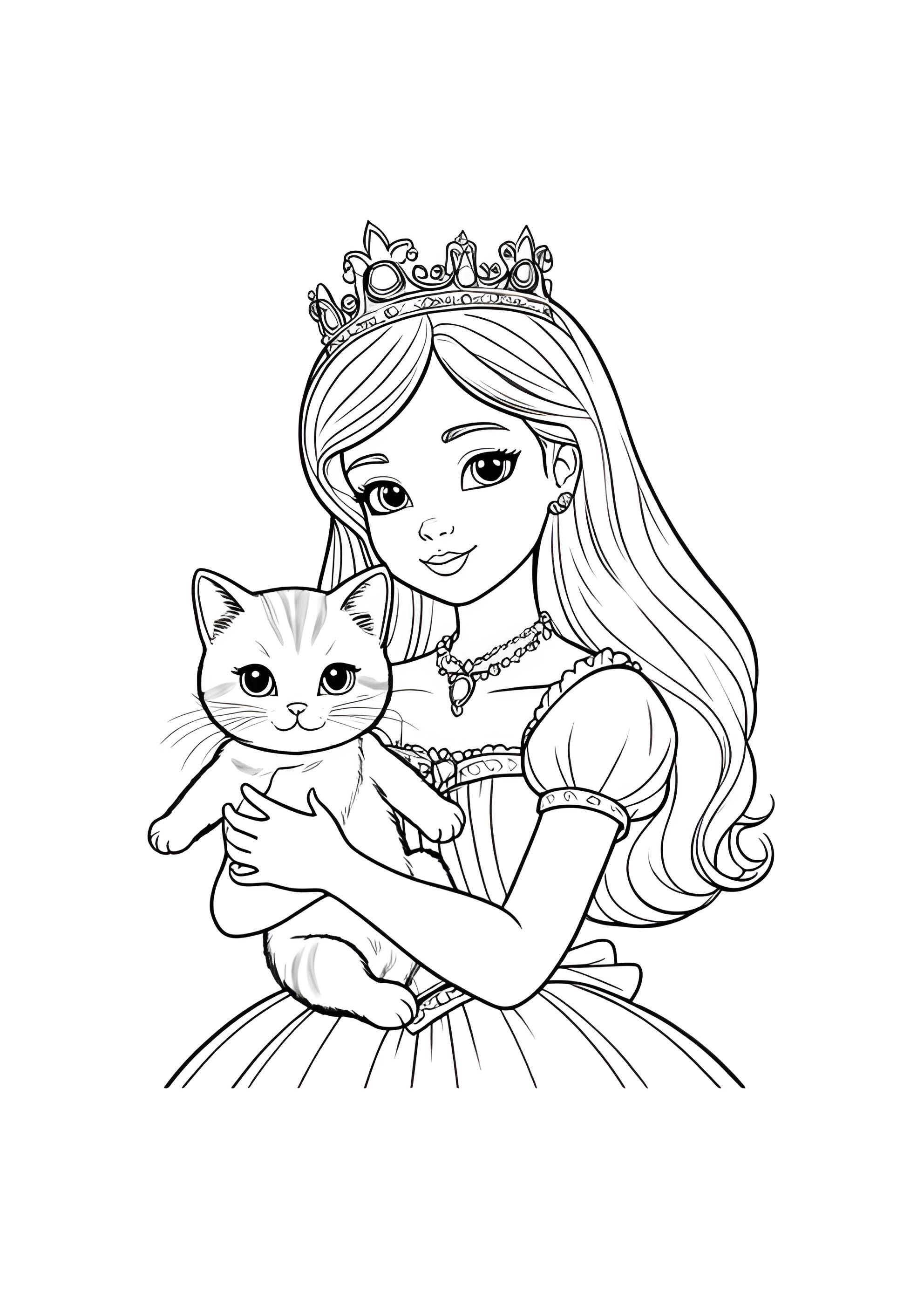 Раскраска Принцесса и пушистый котёнок