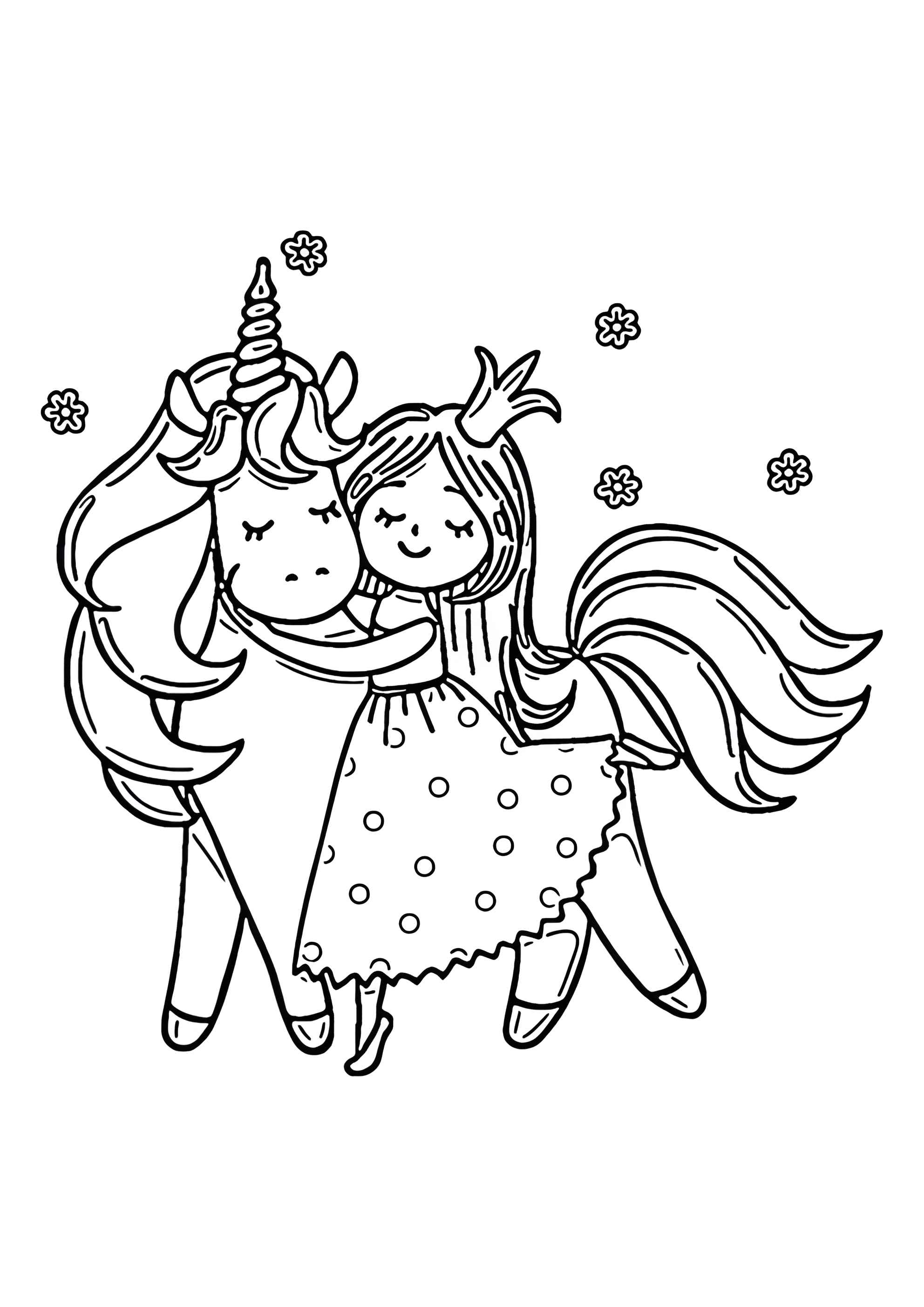 Раскраска Принцесса обнимает единорога