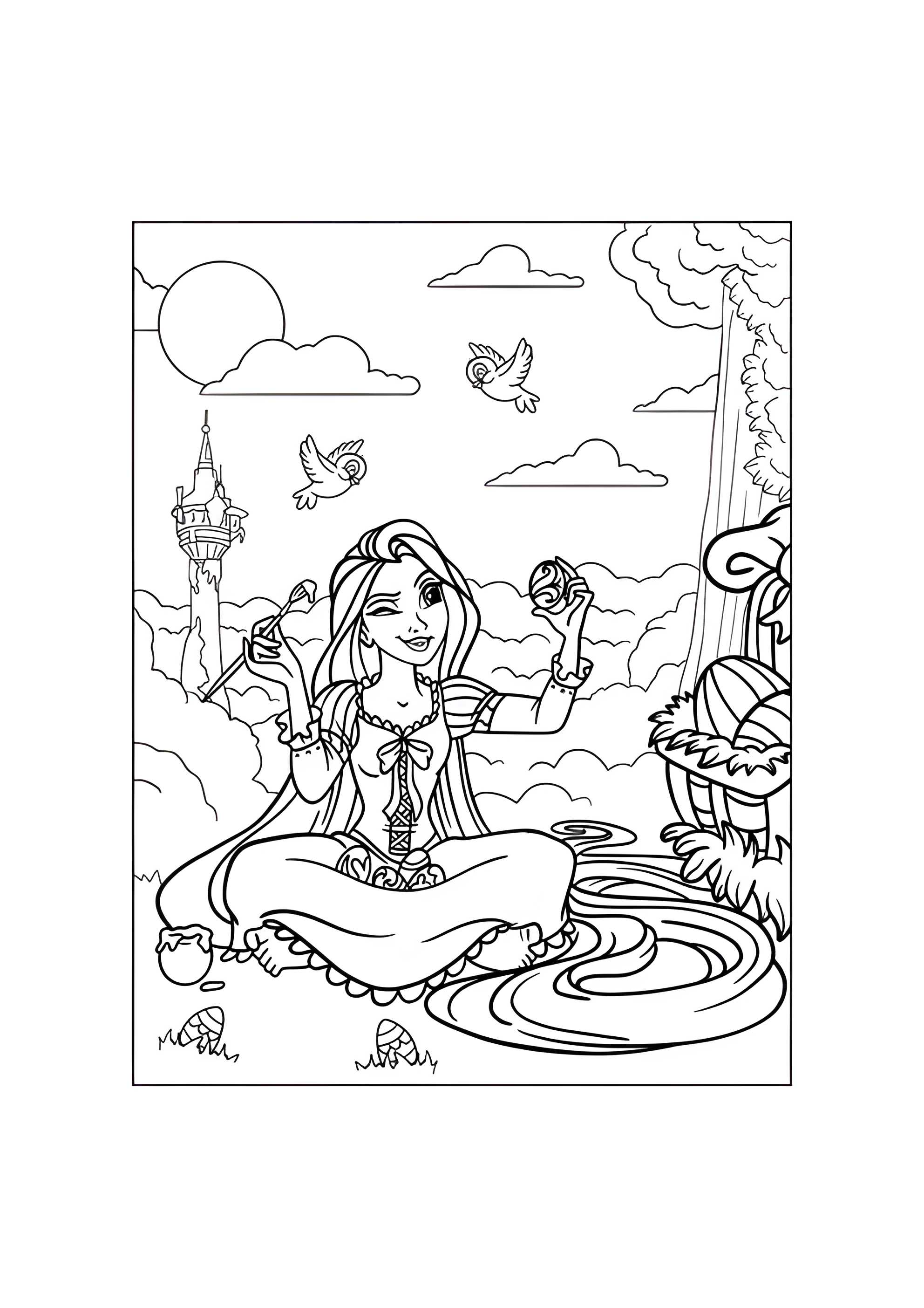 Раскраска Рапунцель раскрашивает пасхальное яйцо