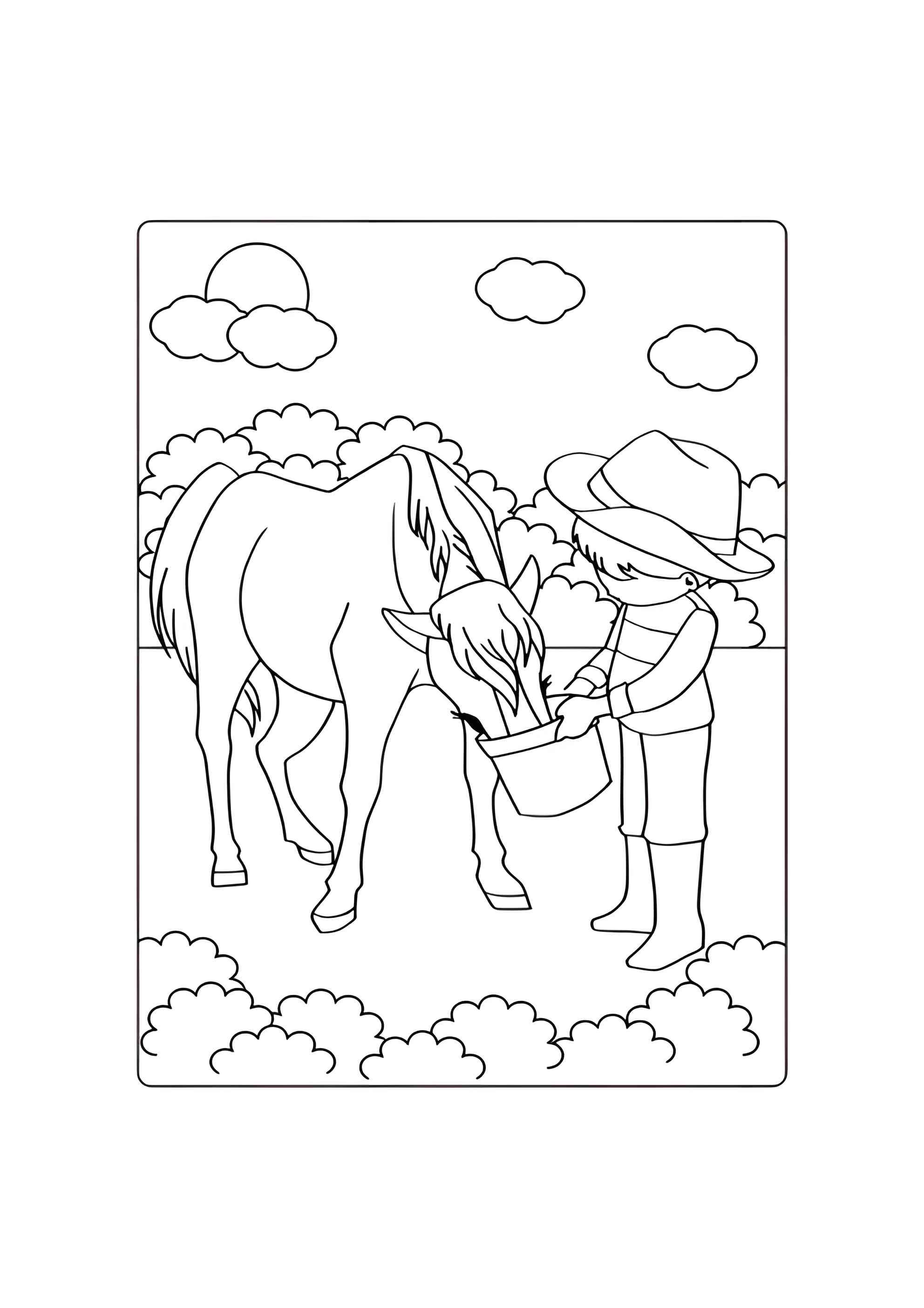 Раскраска Ребенок кормит лошадь