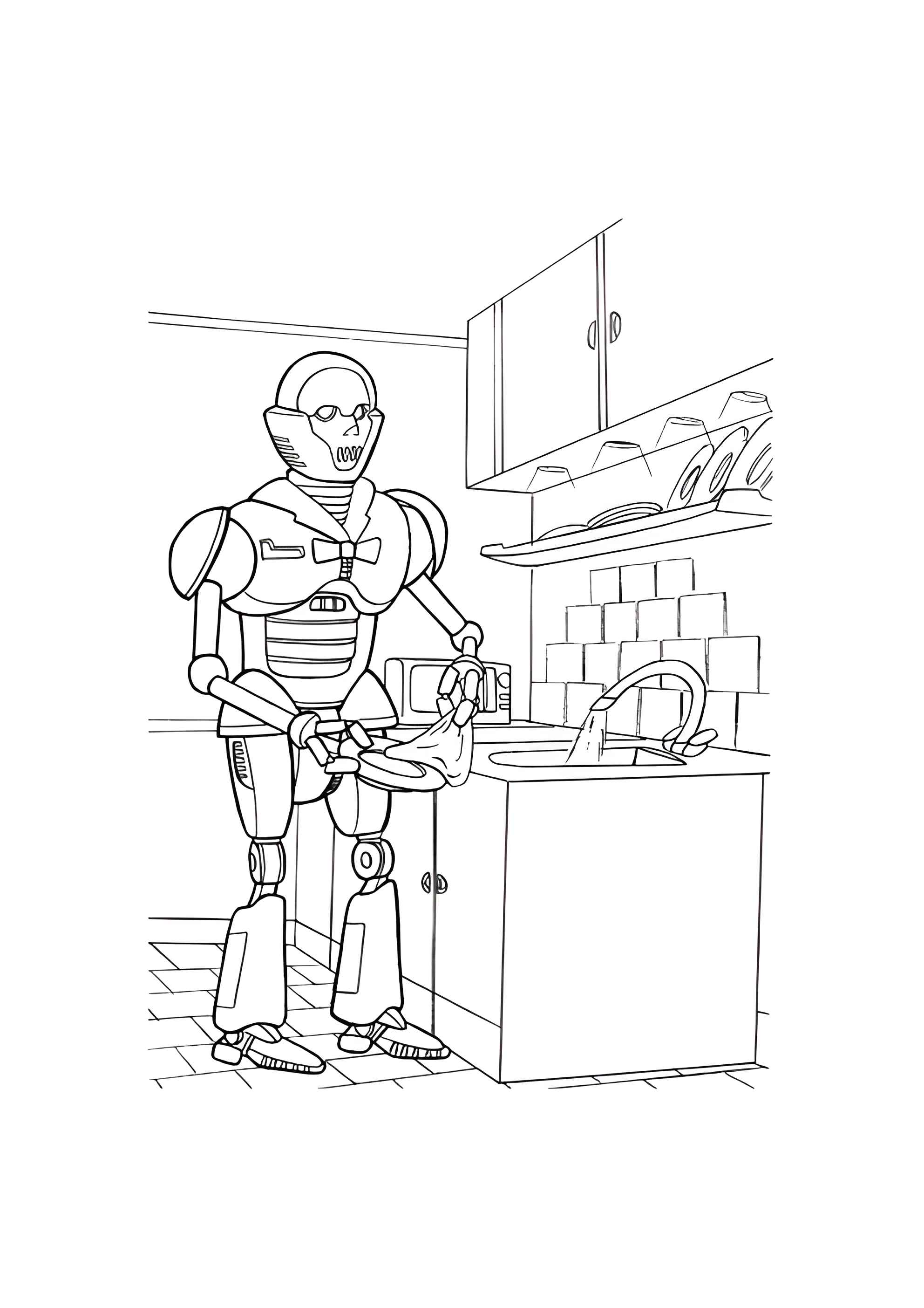 Раскраска Робот моет посуду