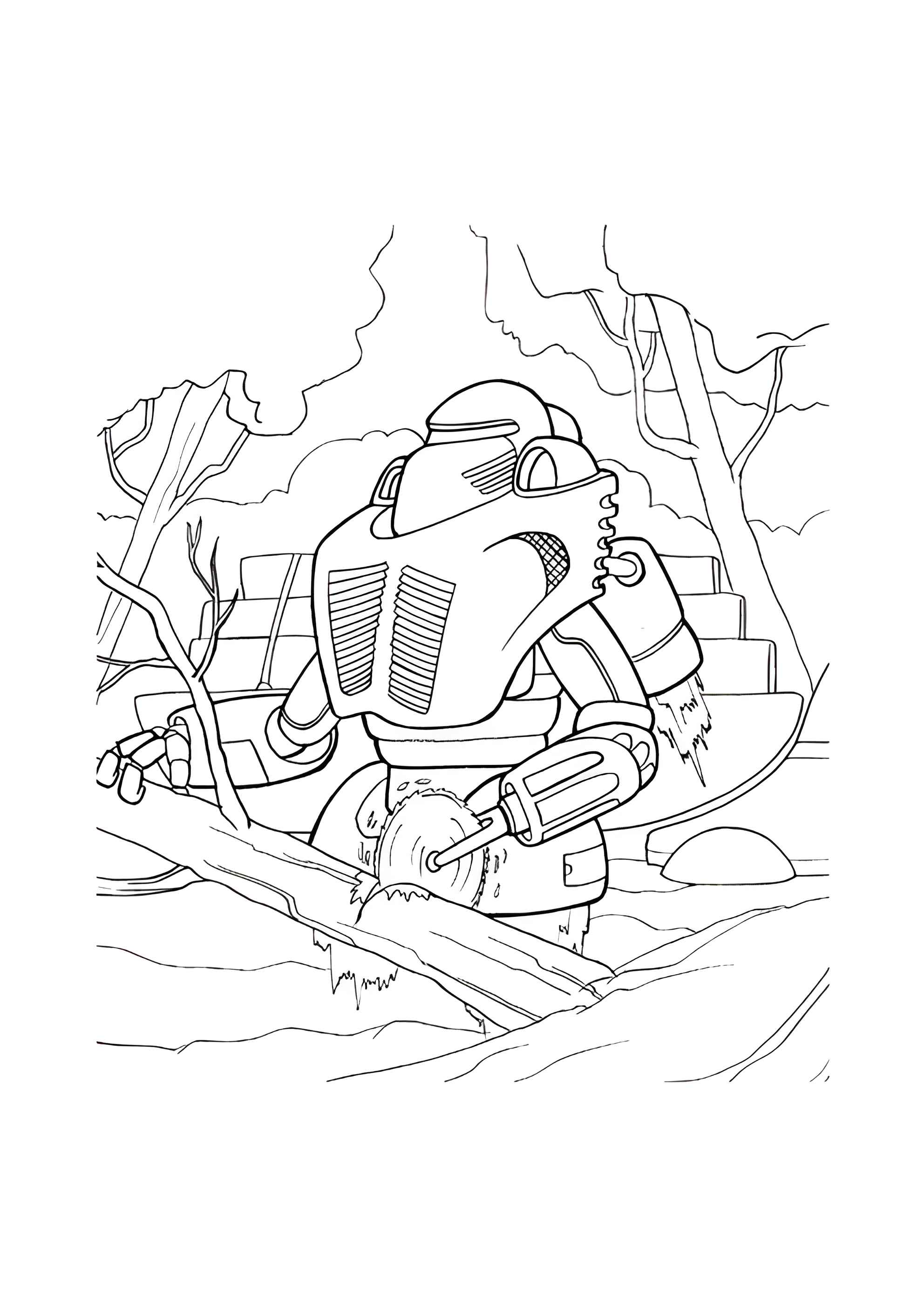 Раскраска Робот пилит дрова