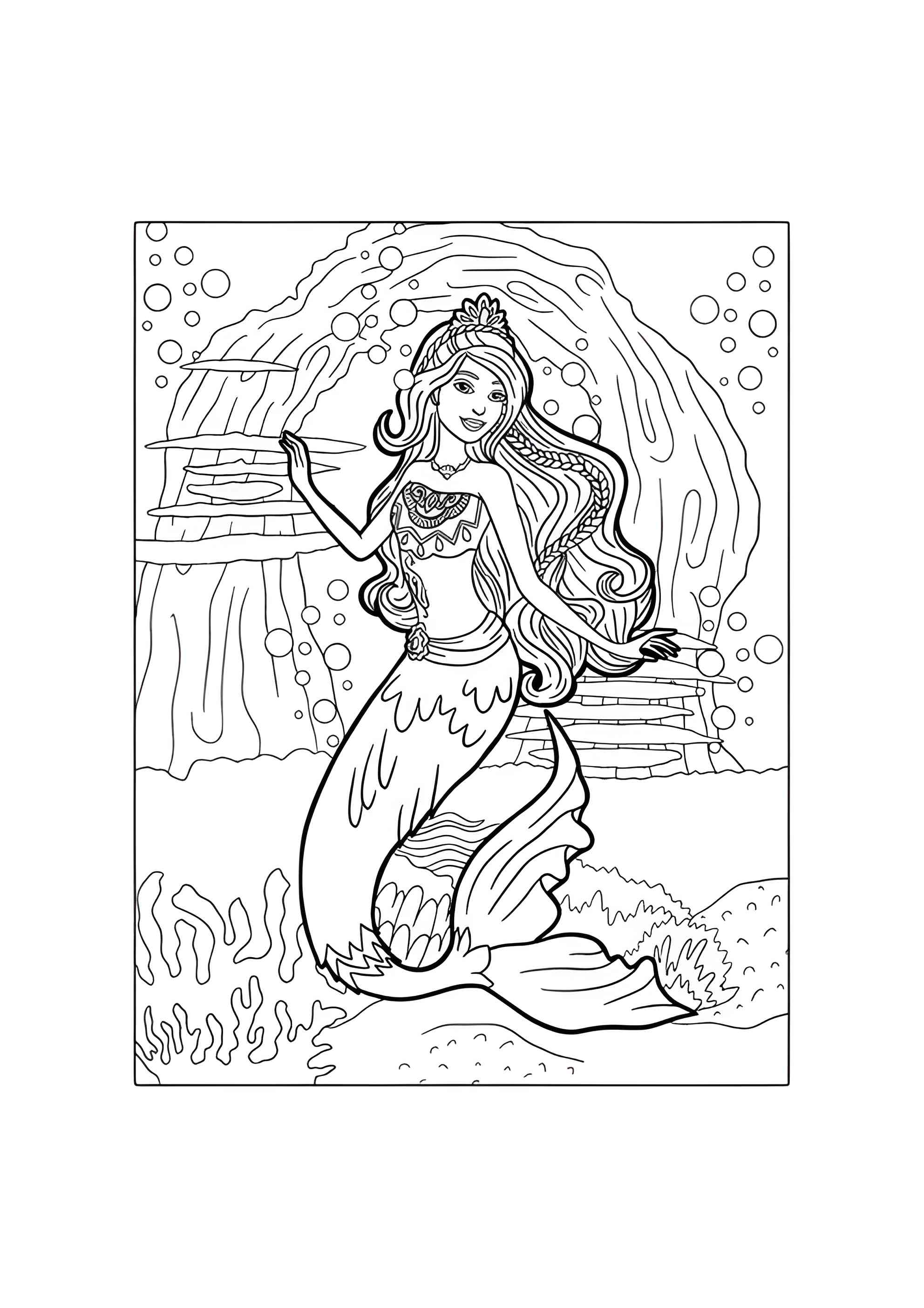 Раскраска Русалочка Барби в океане