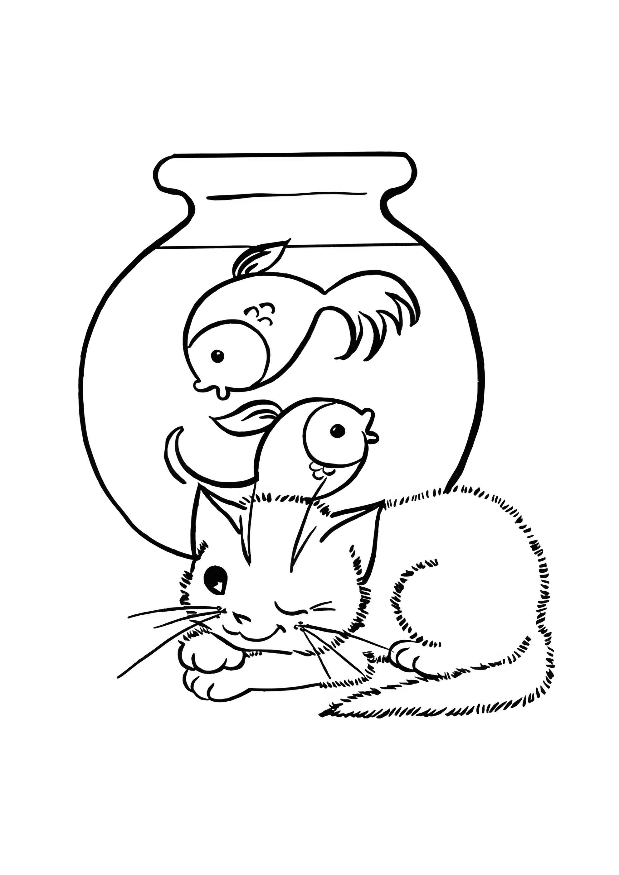 Раскраска Рыбы в аквариуме и кот