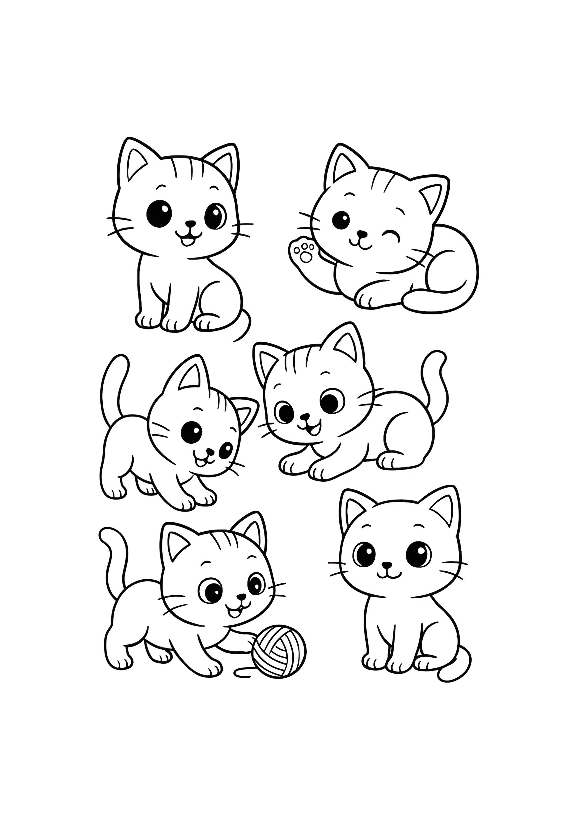 Раскраска Шесть котят в разных позах