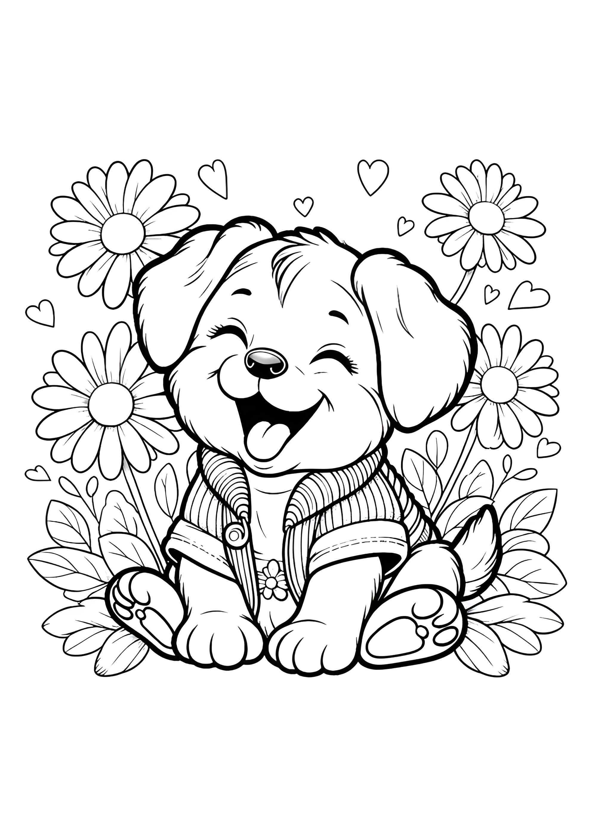 Раскраска Щенок хохочет в ромашках