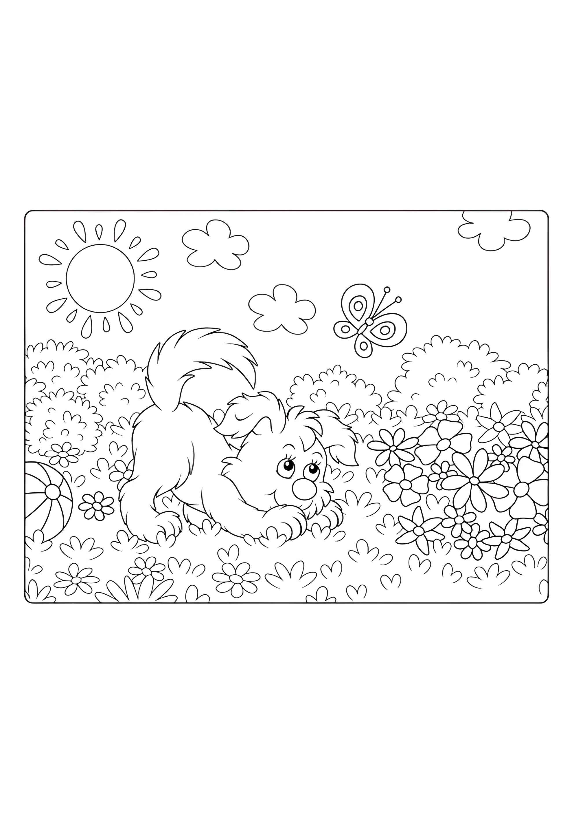 Раскраска Щенок играет на поляне