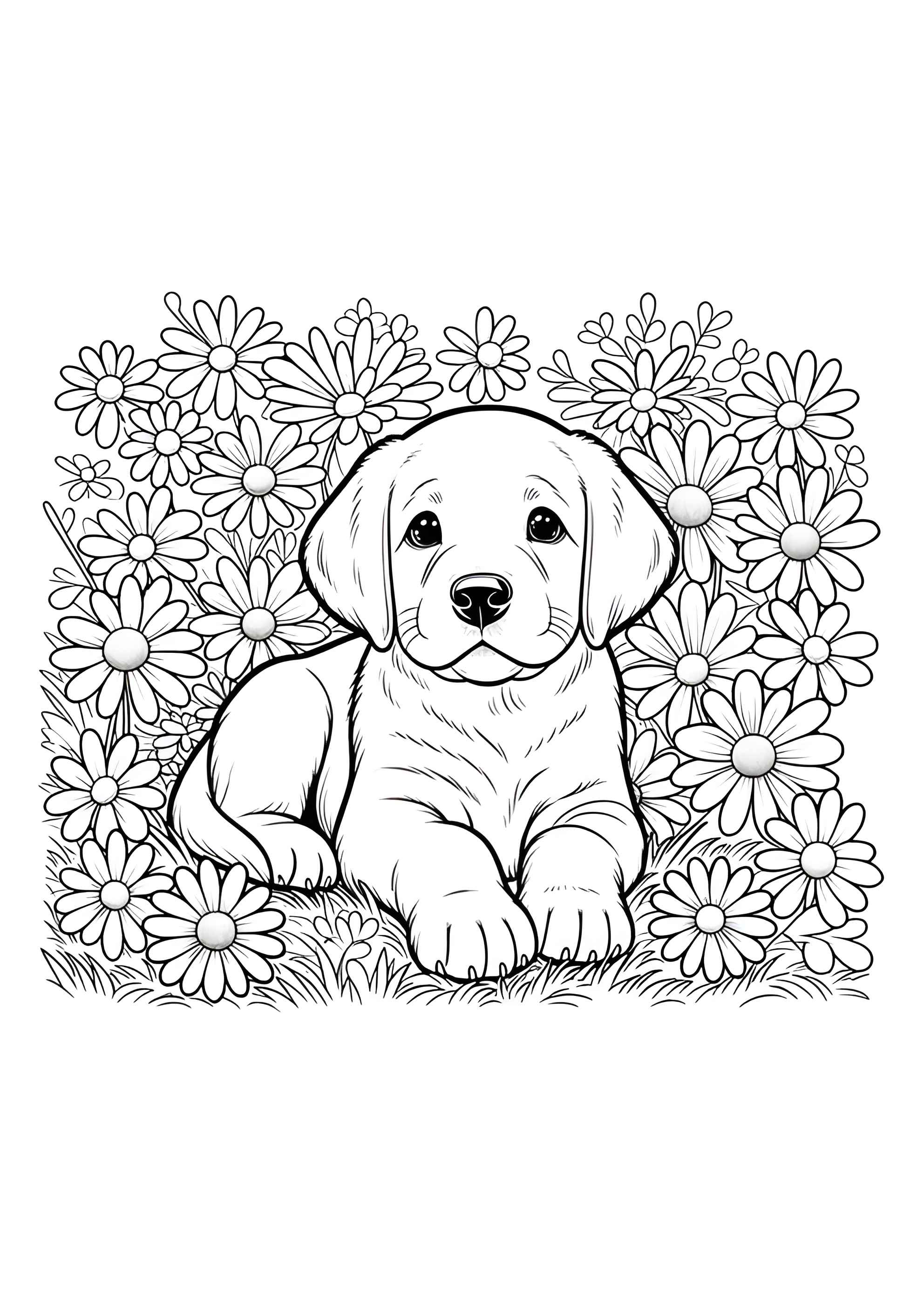 Раскраска Щенок лабрадора в поле ромашек