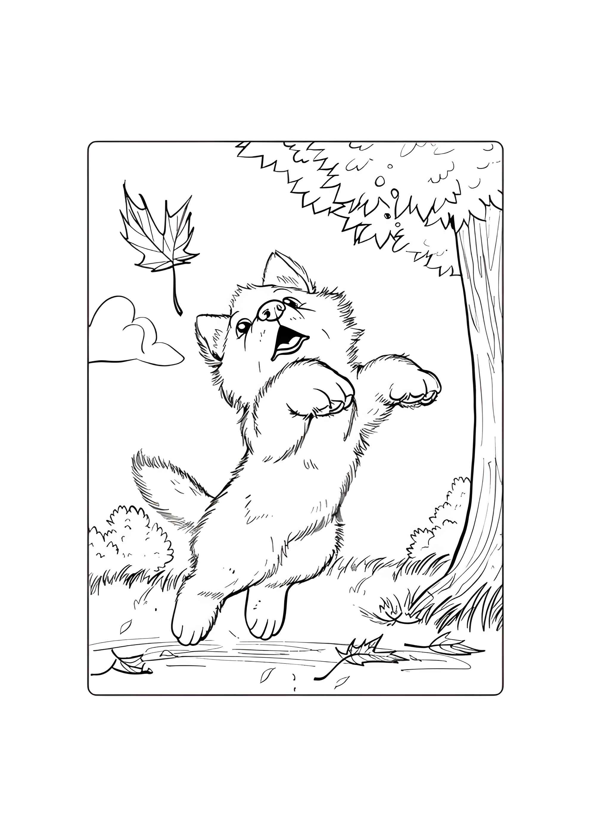 Раскраска Щенок прыгает за осенним листком