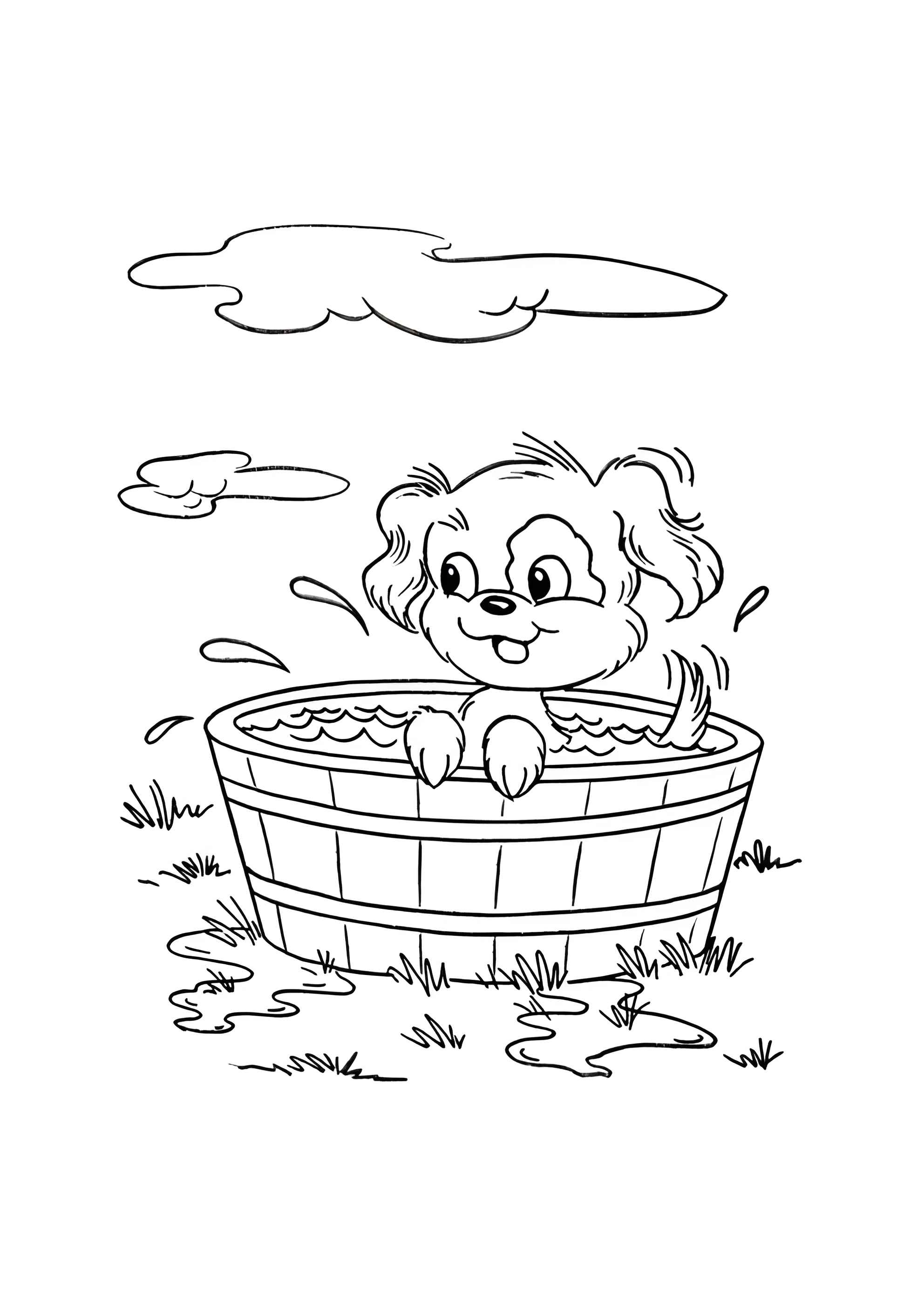 Раскраска Собачка плескается в ванночке