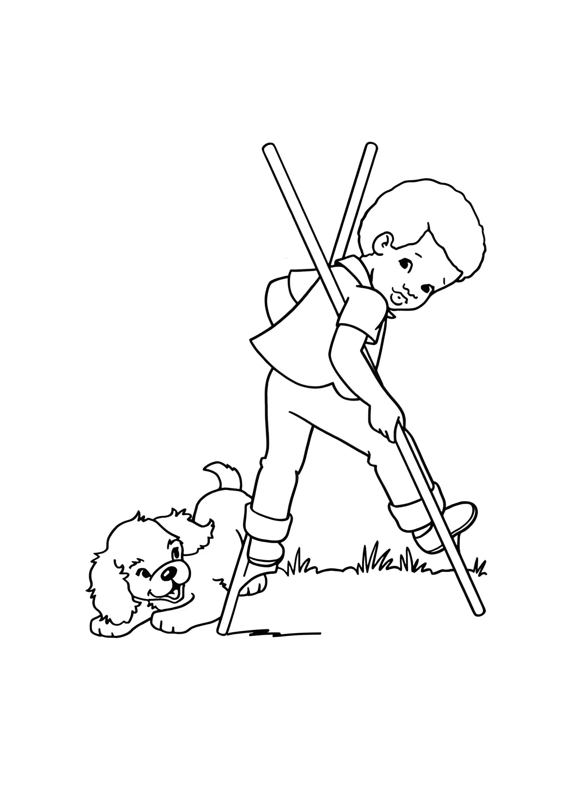 Раскраска Собака и мальчик на ходулях