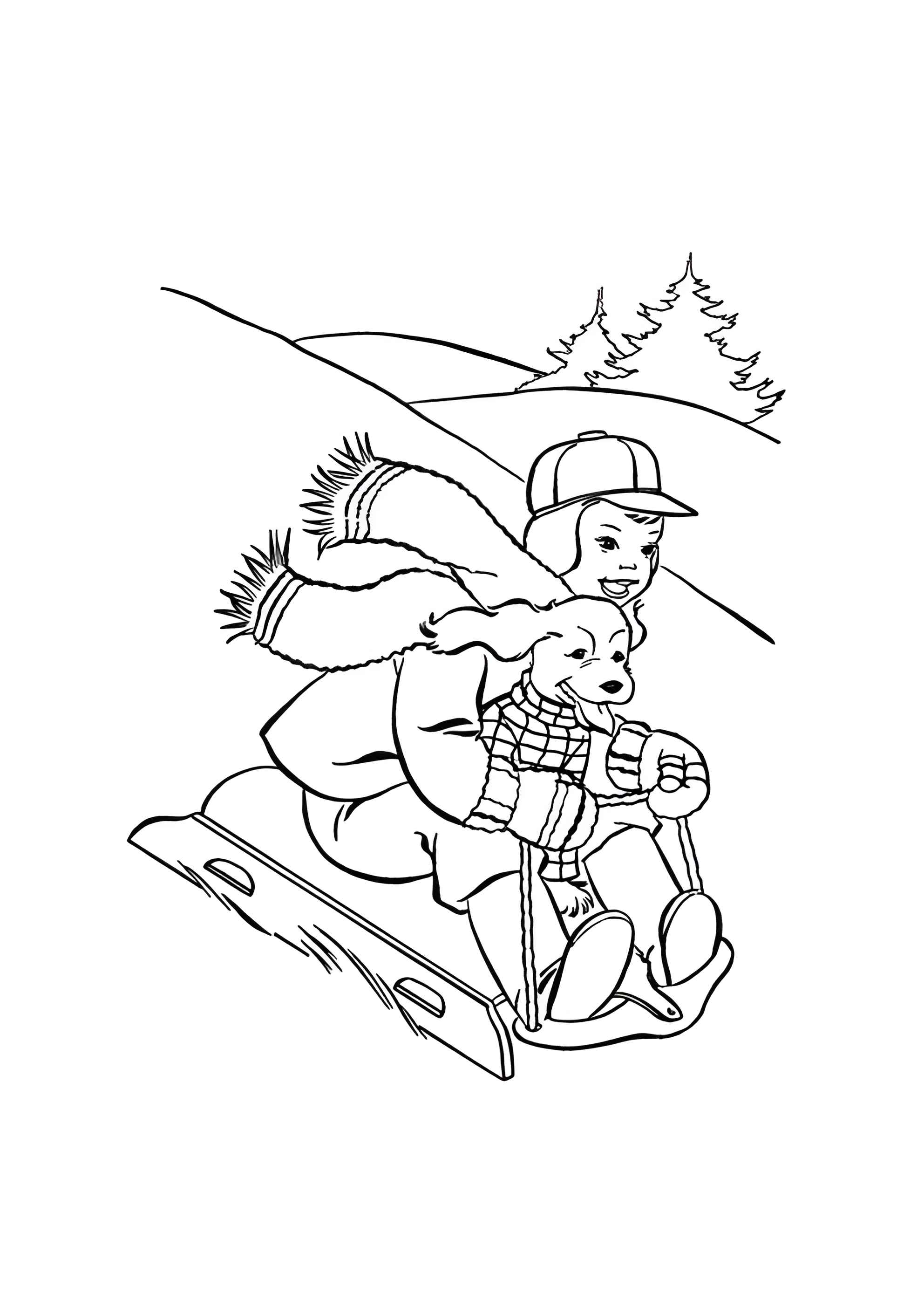 Раскраска Собака катается на санках
