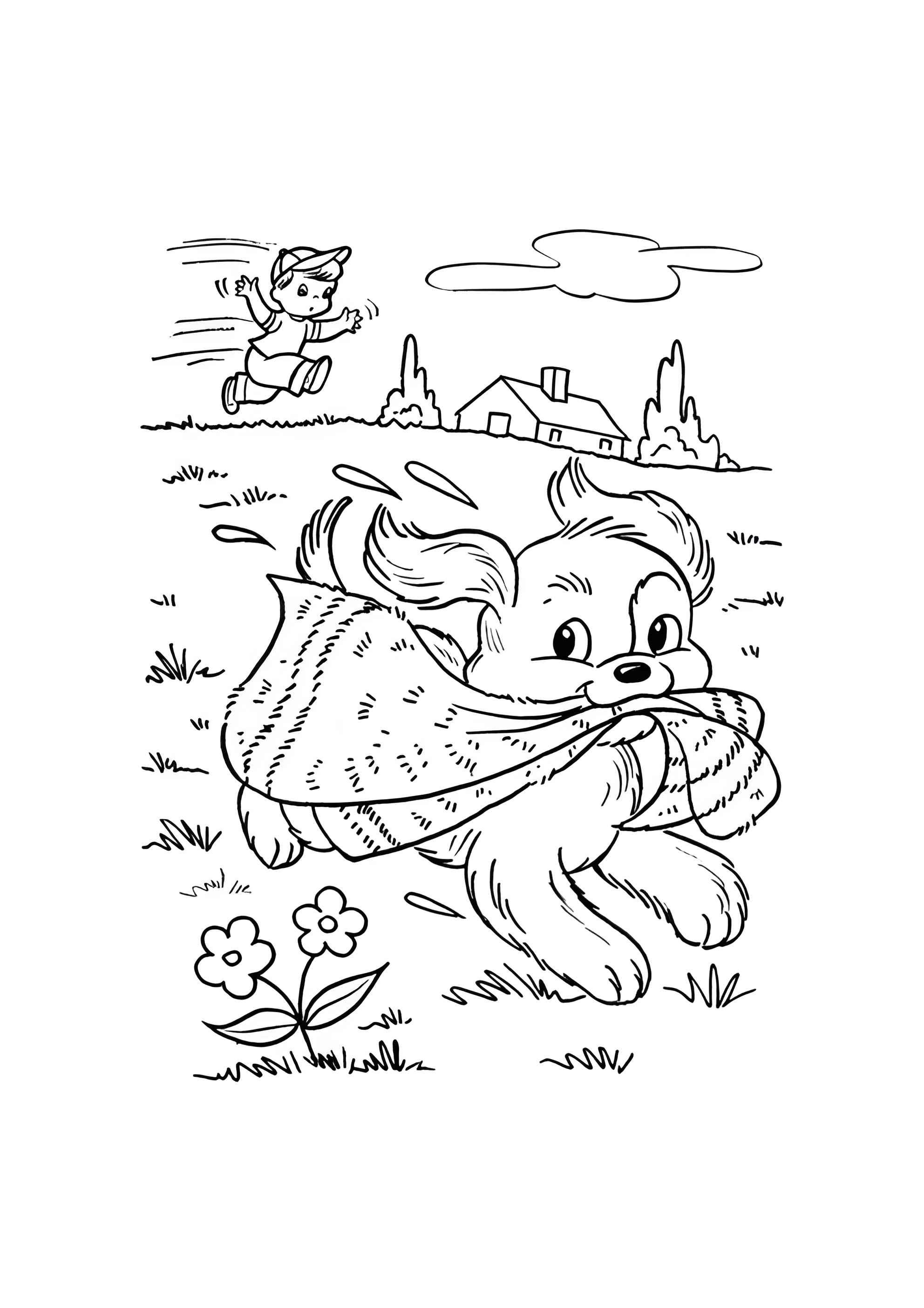 Раскраска Собака схватила полотенце