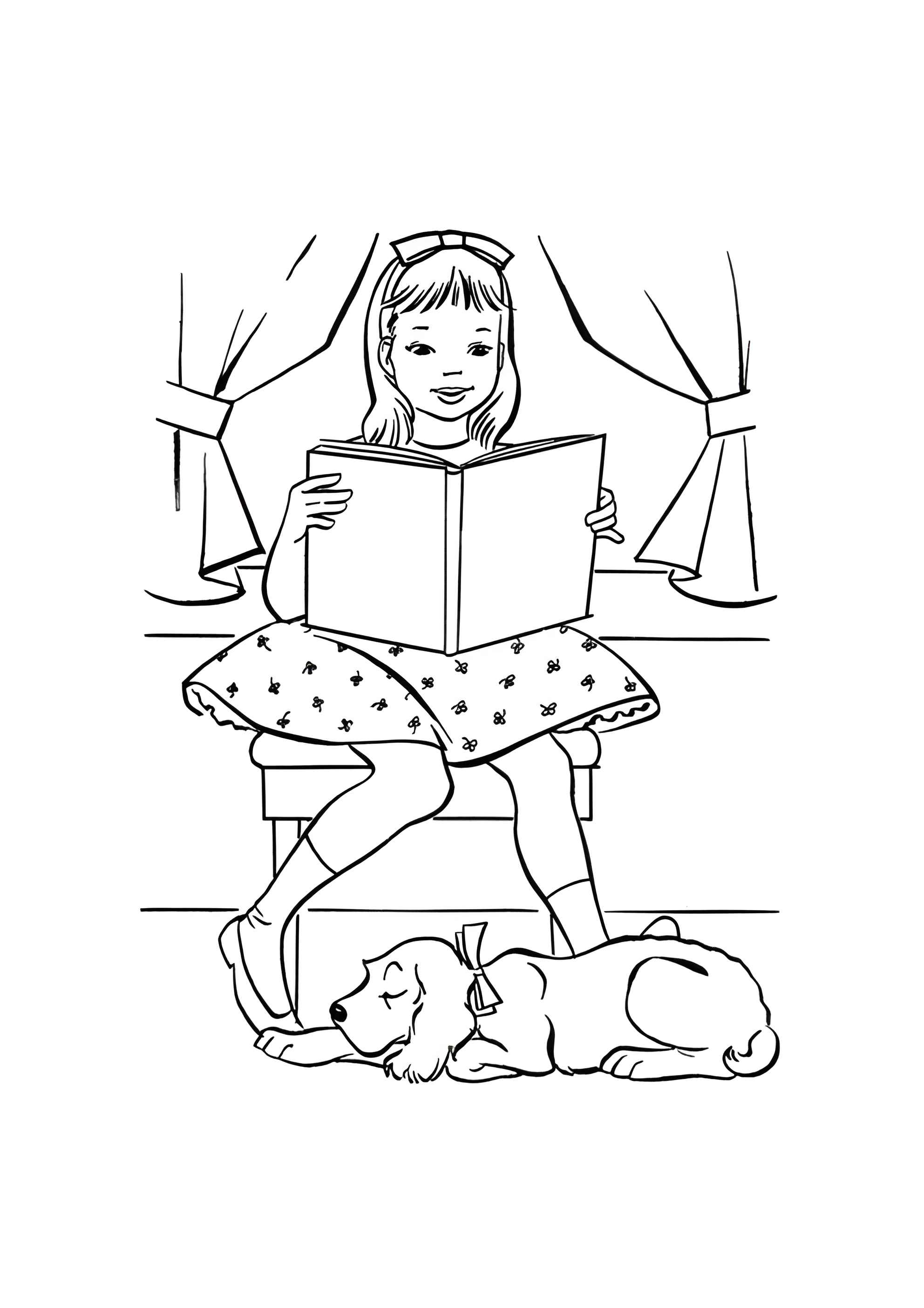 Раскраска Собака спит, пока девочка читает книгу