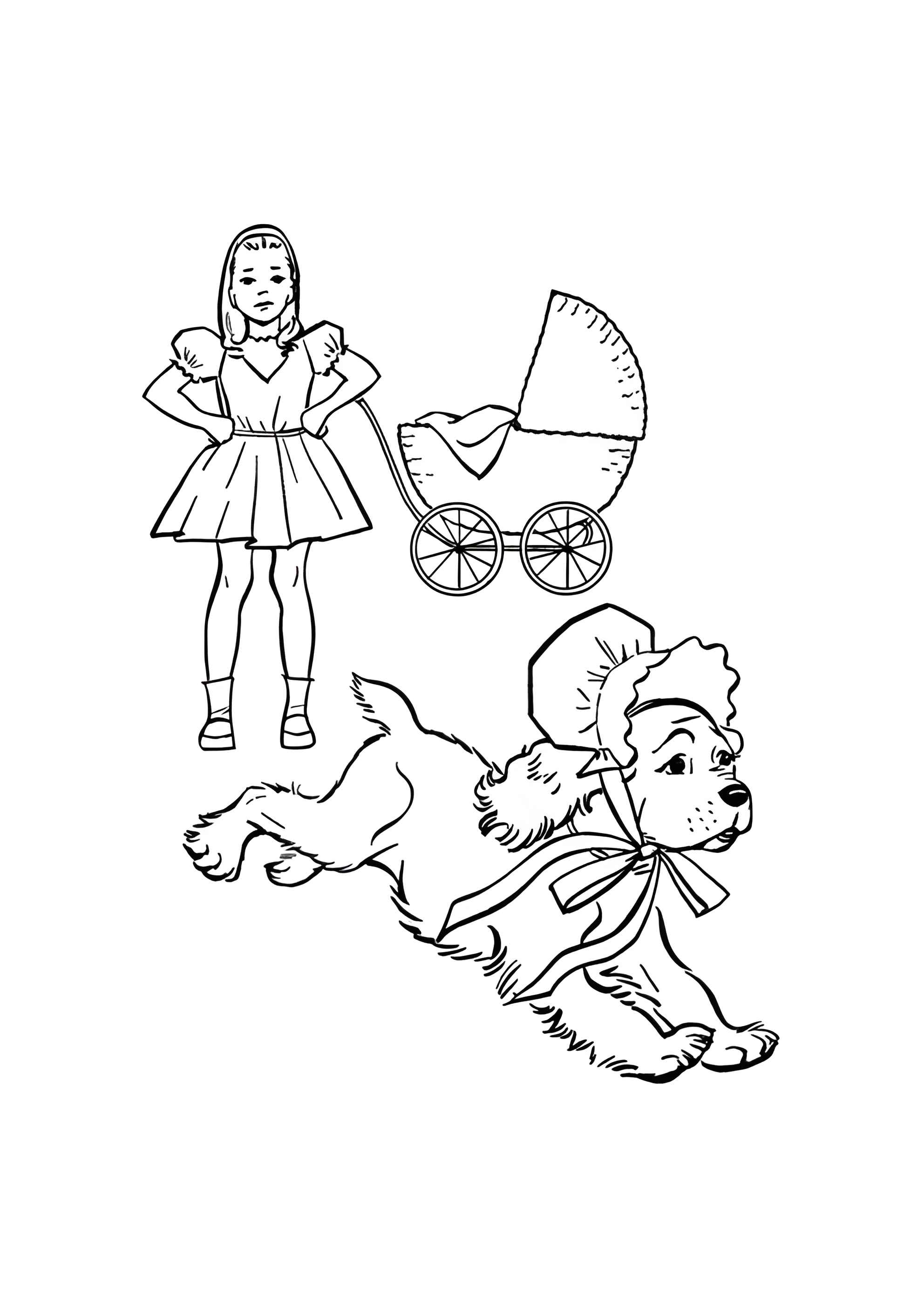 Раскраска Собака в чепчике убегает от девочки