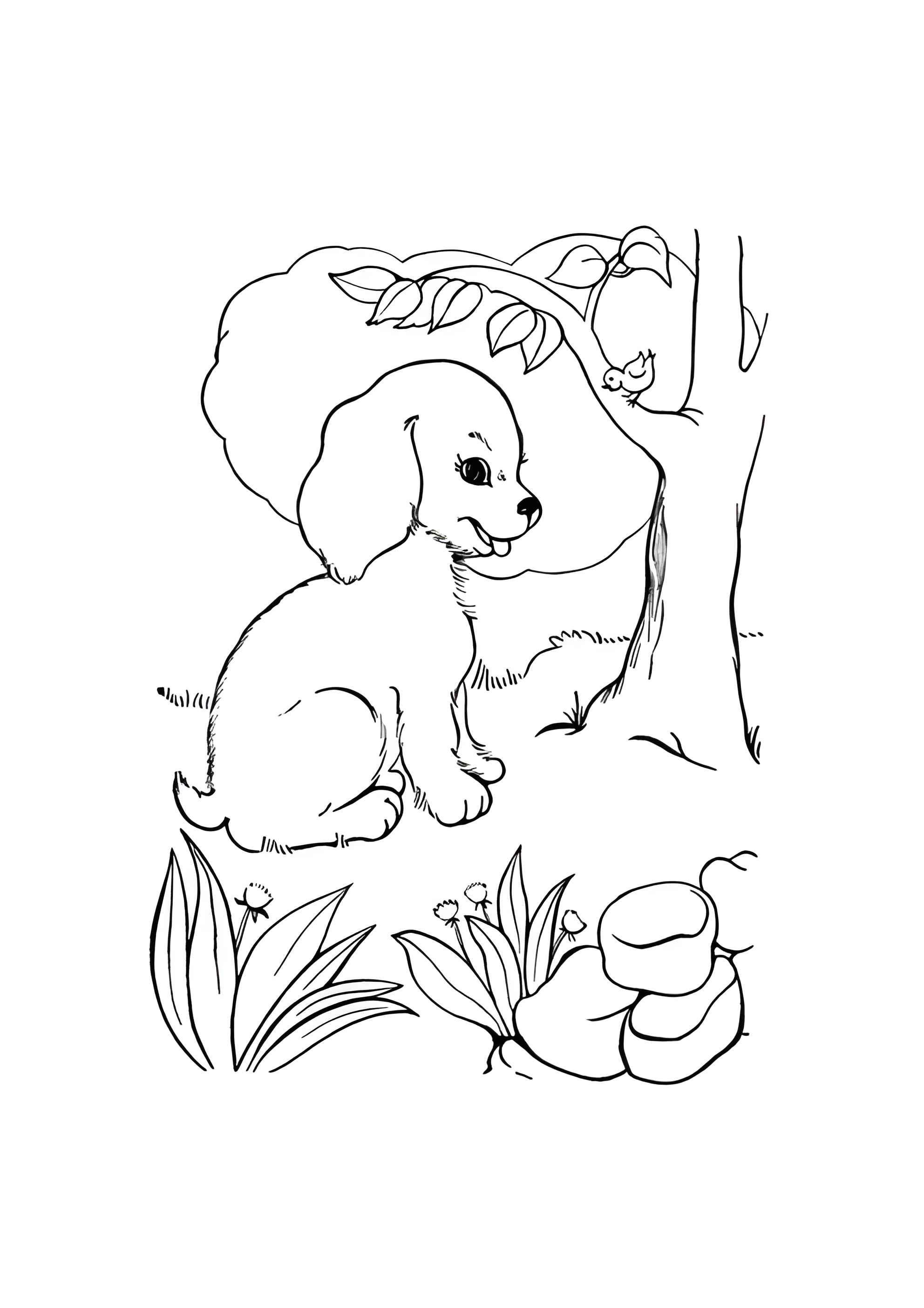 Раскраска Собака в лесу возле дерева
