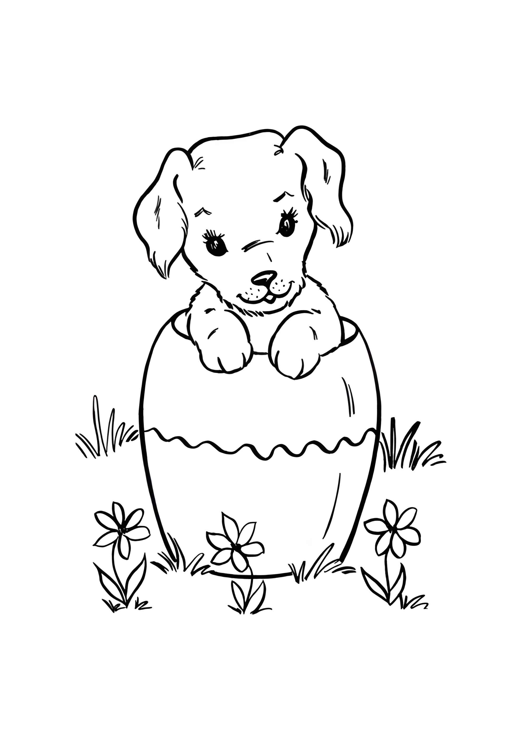 Раскраска Собака залезла в горшок