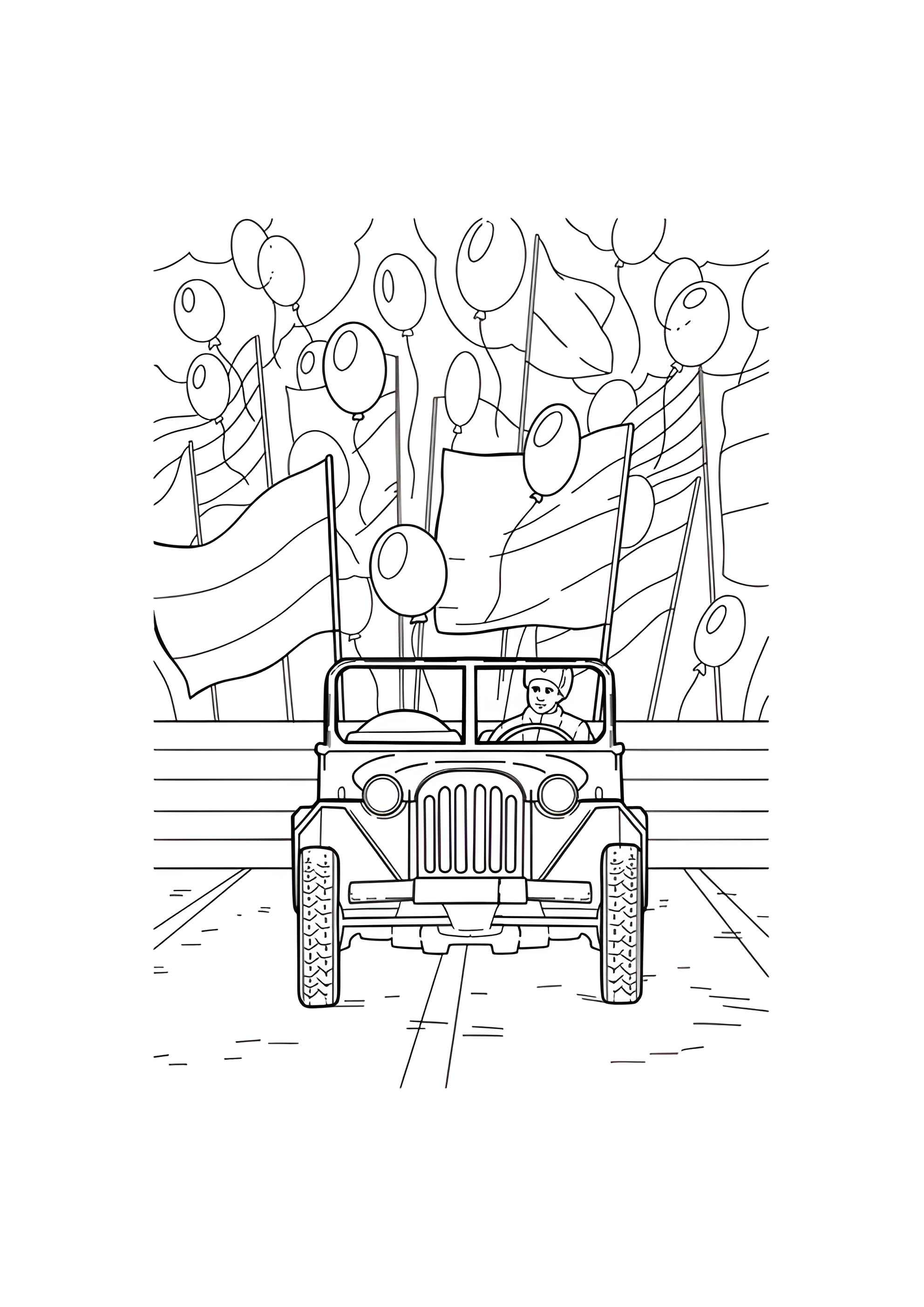Раскраска Солдат в джипе на День победы