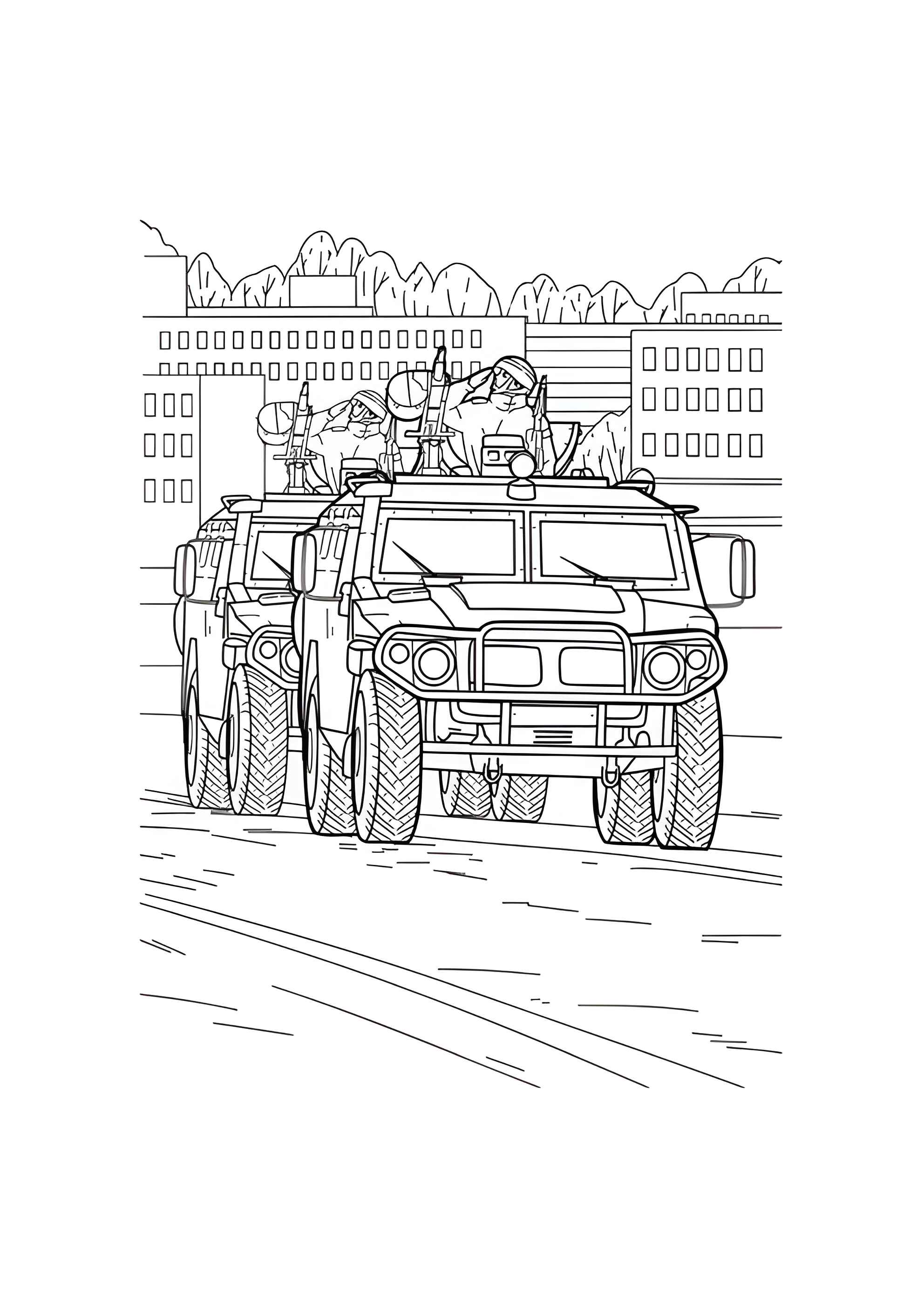 Раскраска Солдаты салютуют из БТР