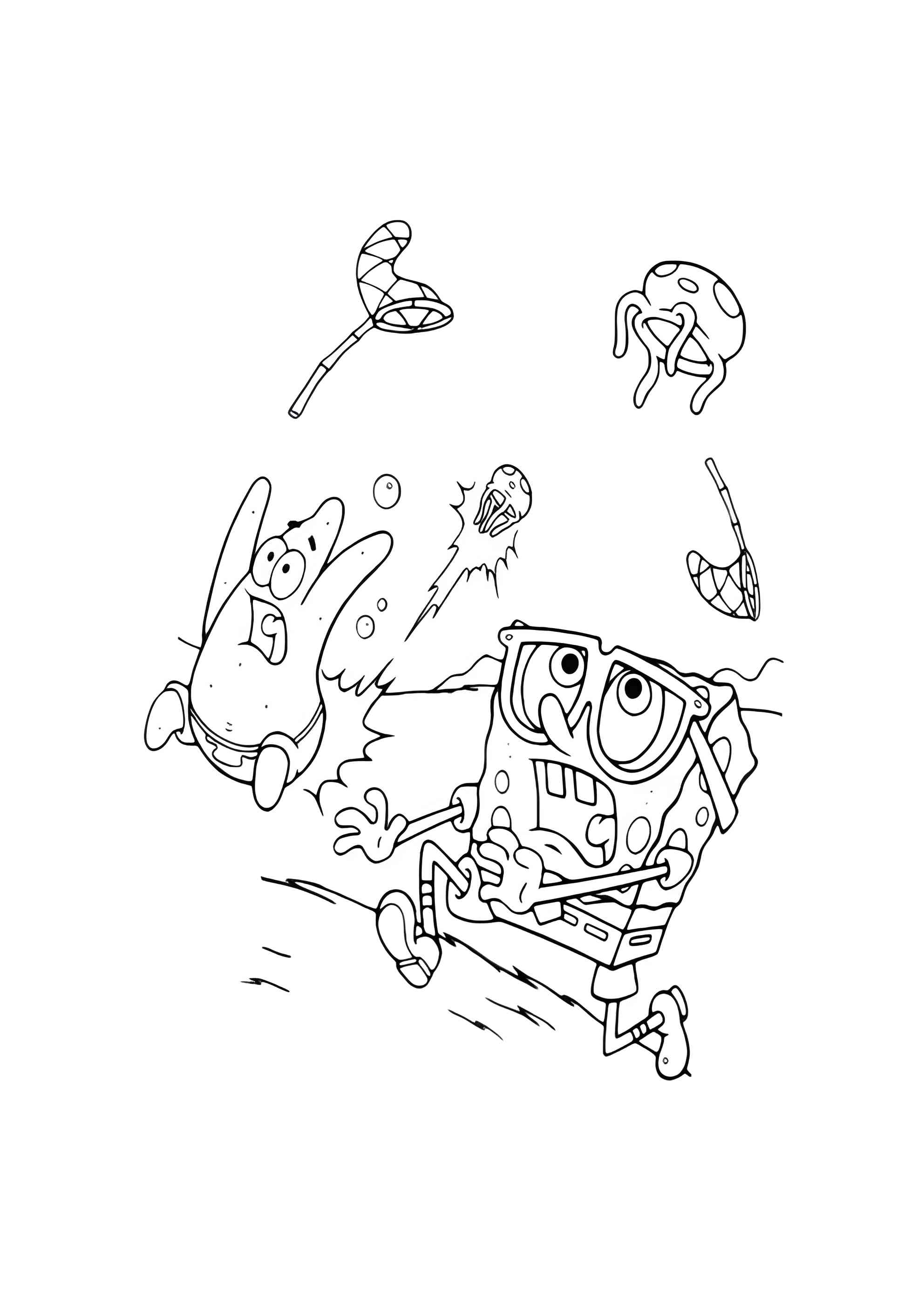 Раскраска Спанч Боб и Патрик слушают ракушки