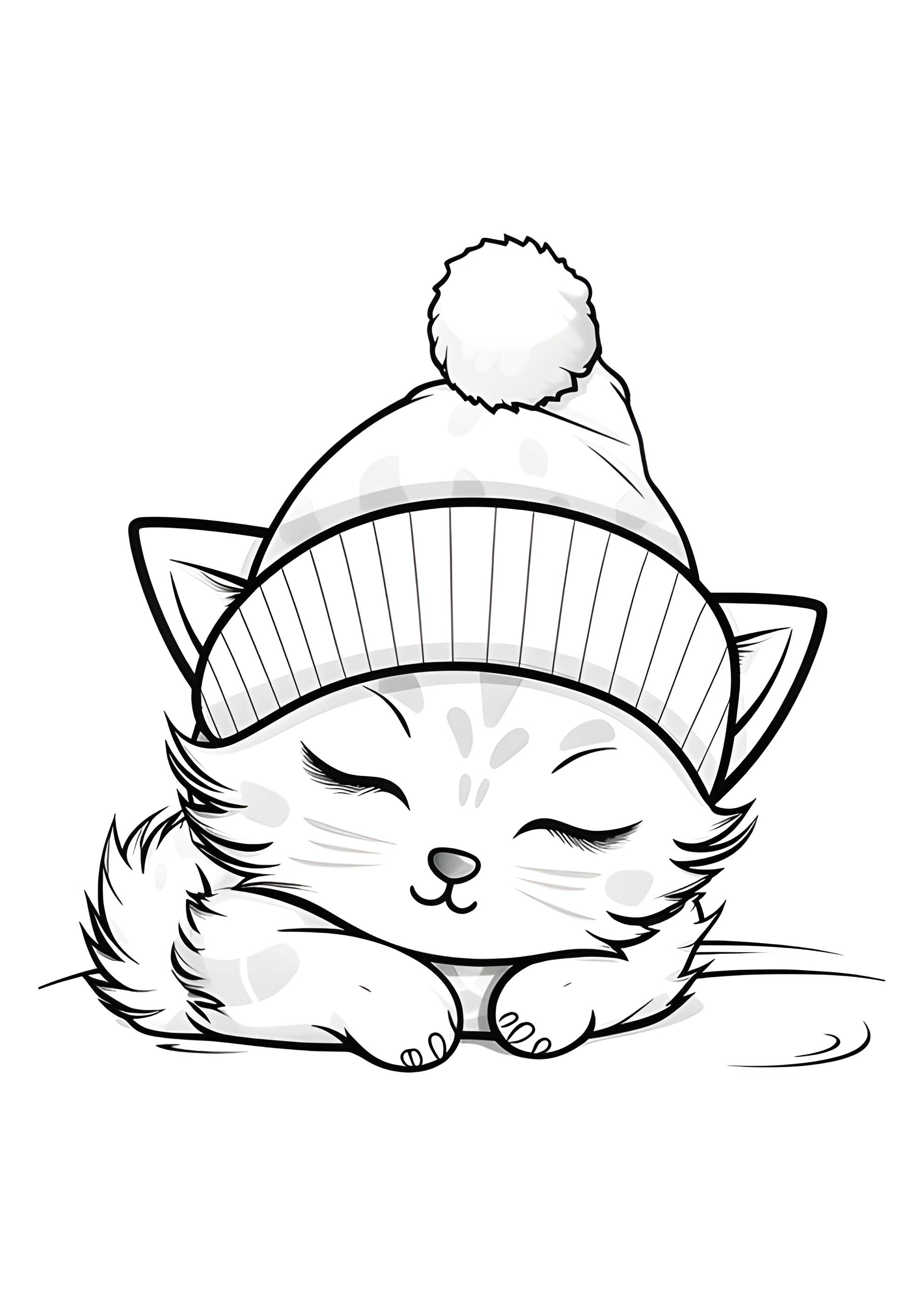 Раскраска Спящий котёнок в шапочке