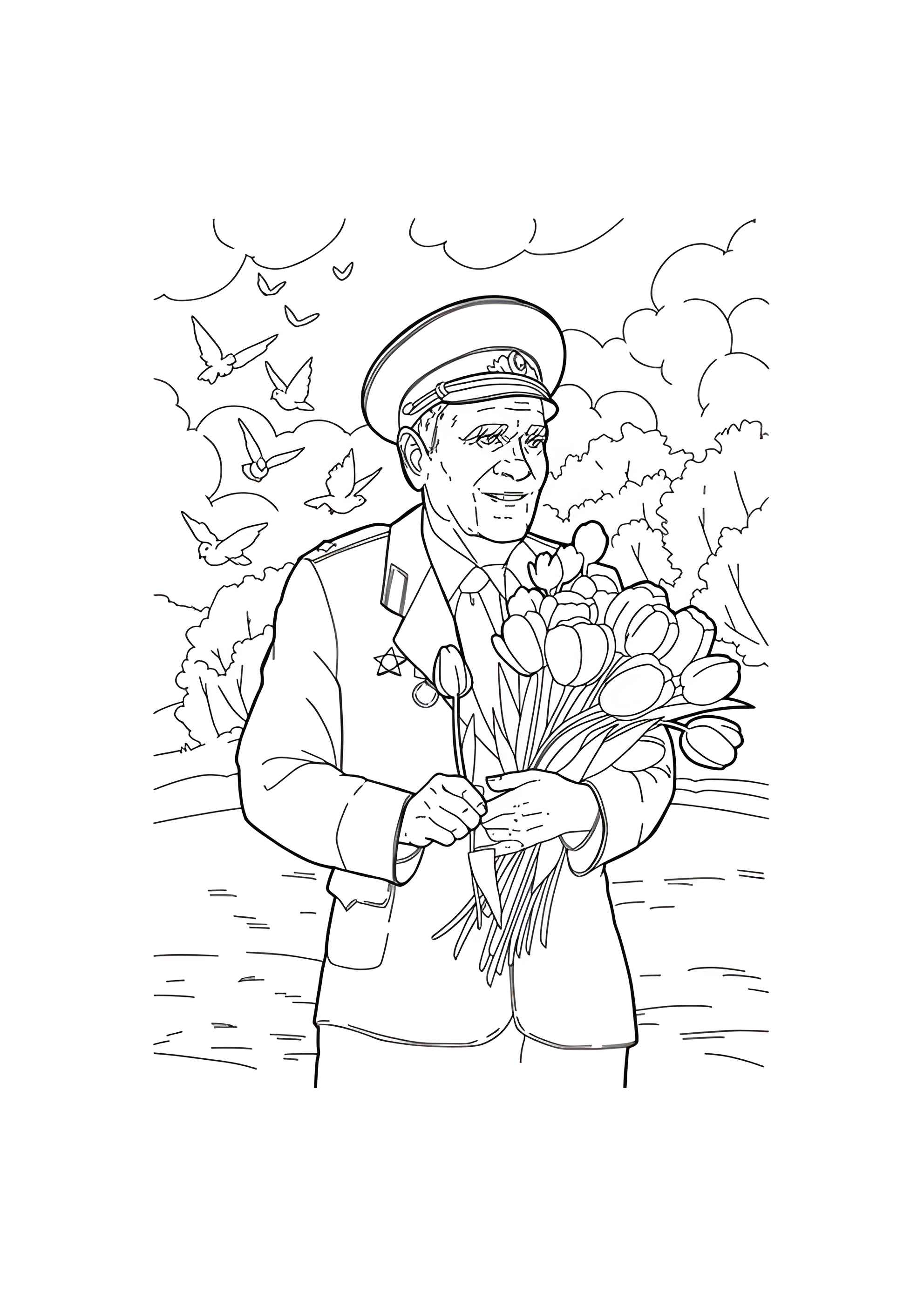 Раскраска Ветеран с букетом цветов на 9 мая