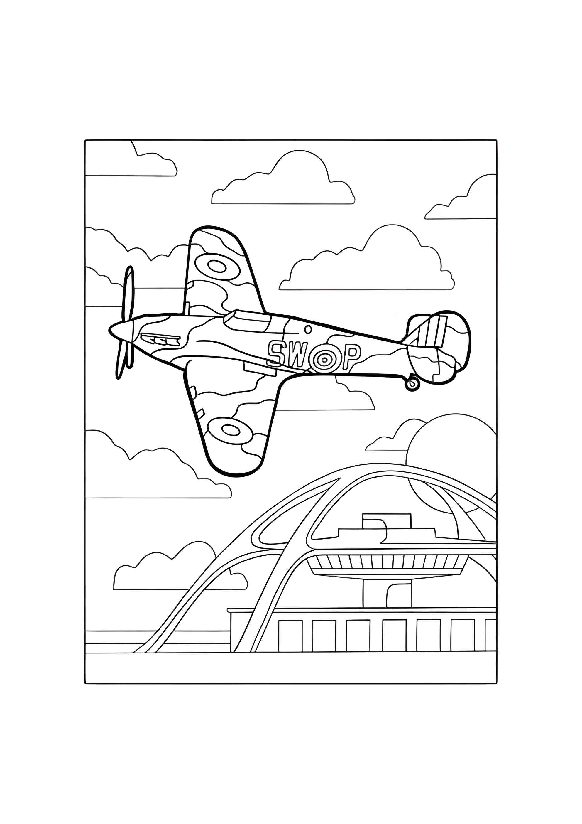 Раскраска Военный самолёт Спитфайр