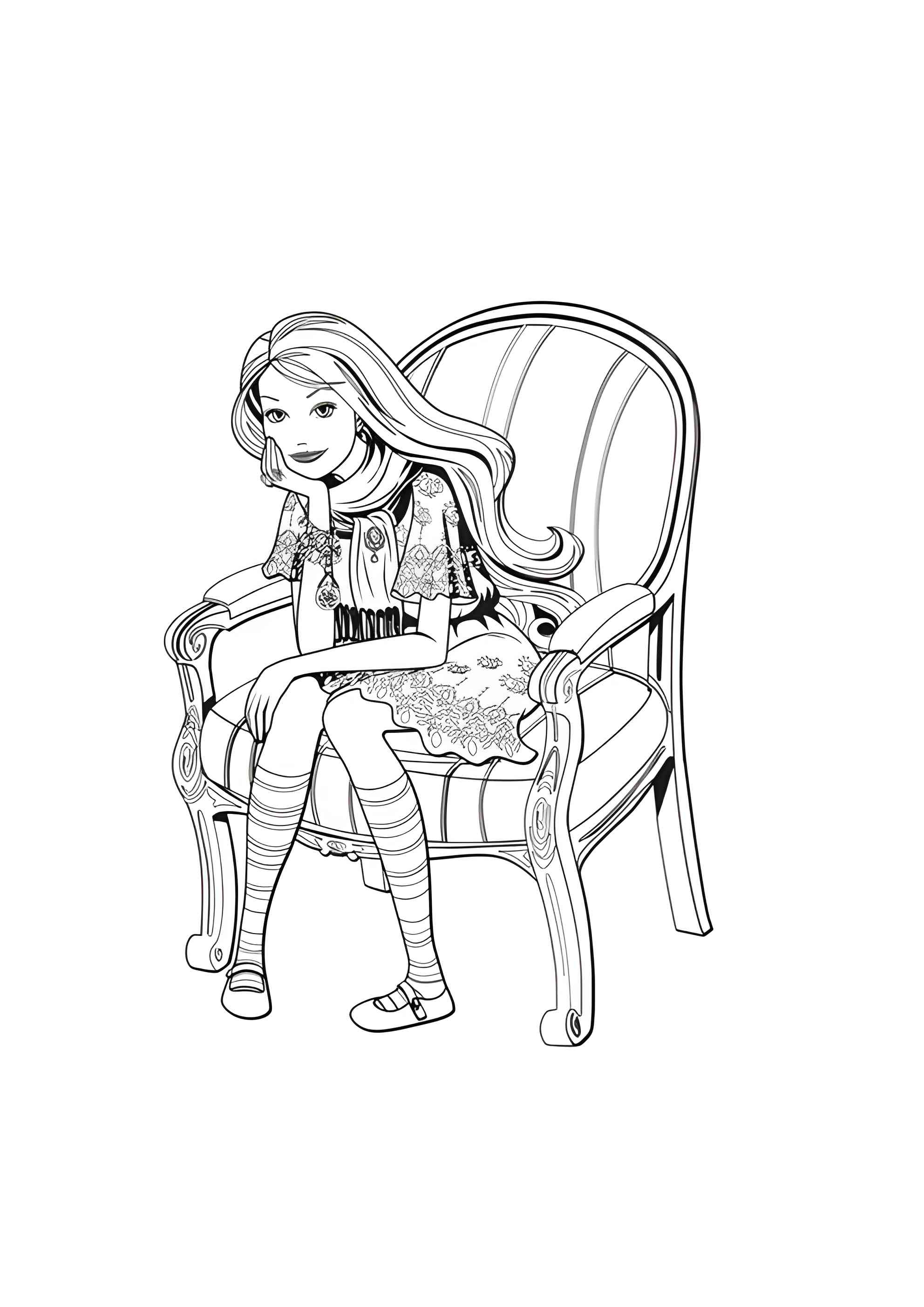 Раскраска Задумчивая Barbie в кресле