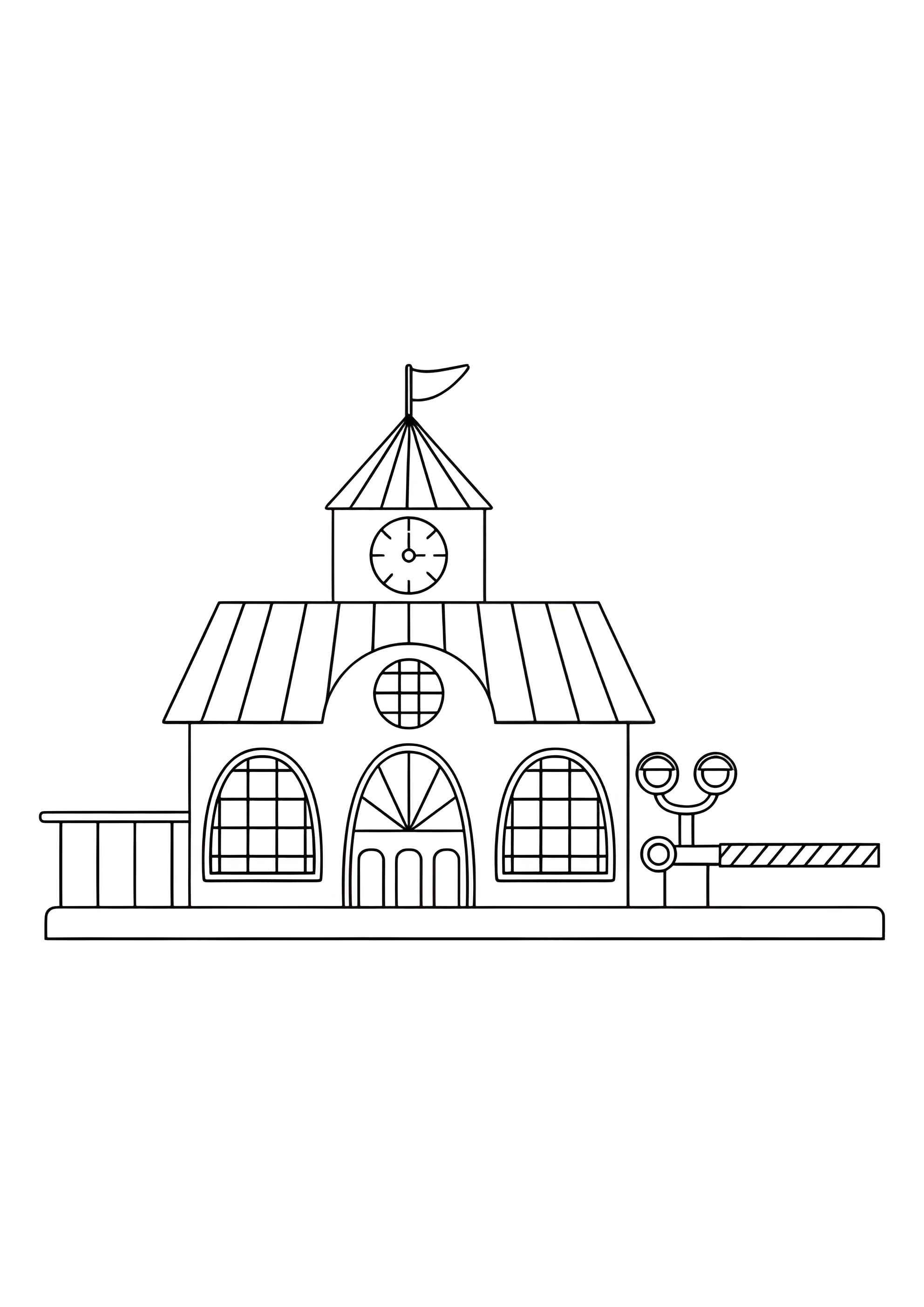 Раскраска Железнодорожная станция со шлагбаумом