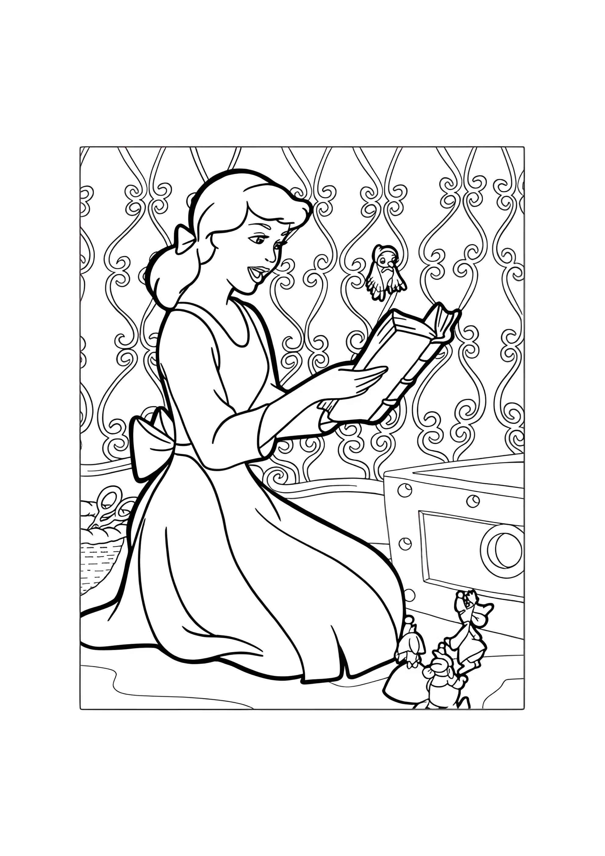 Раскраска Золушка читает книгу